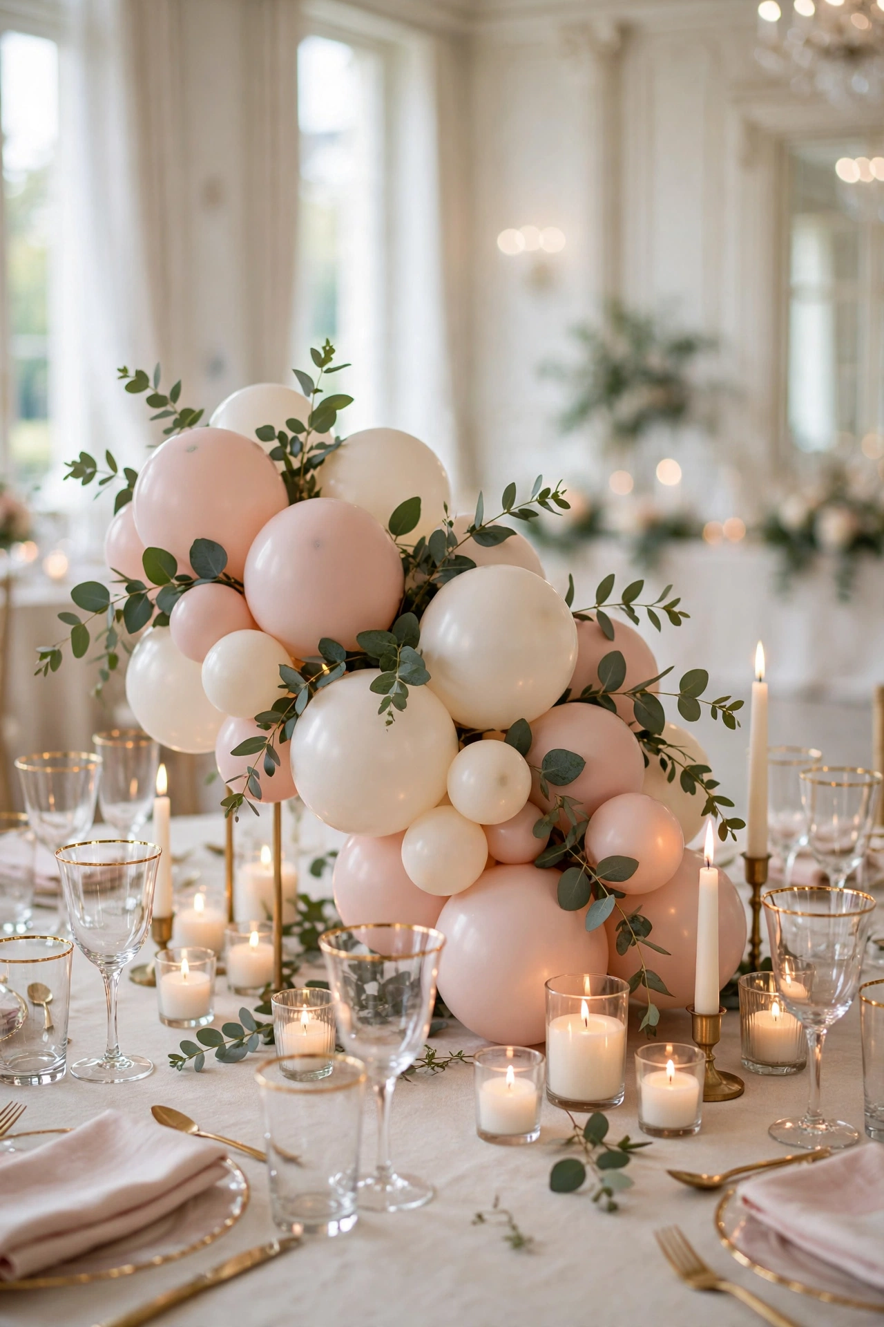 Wedding reception table with blush pink and ivory balloon centerpiece with greenery and candles