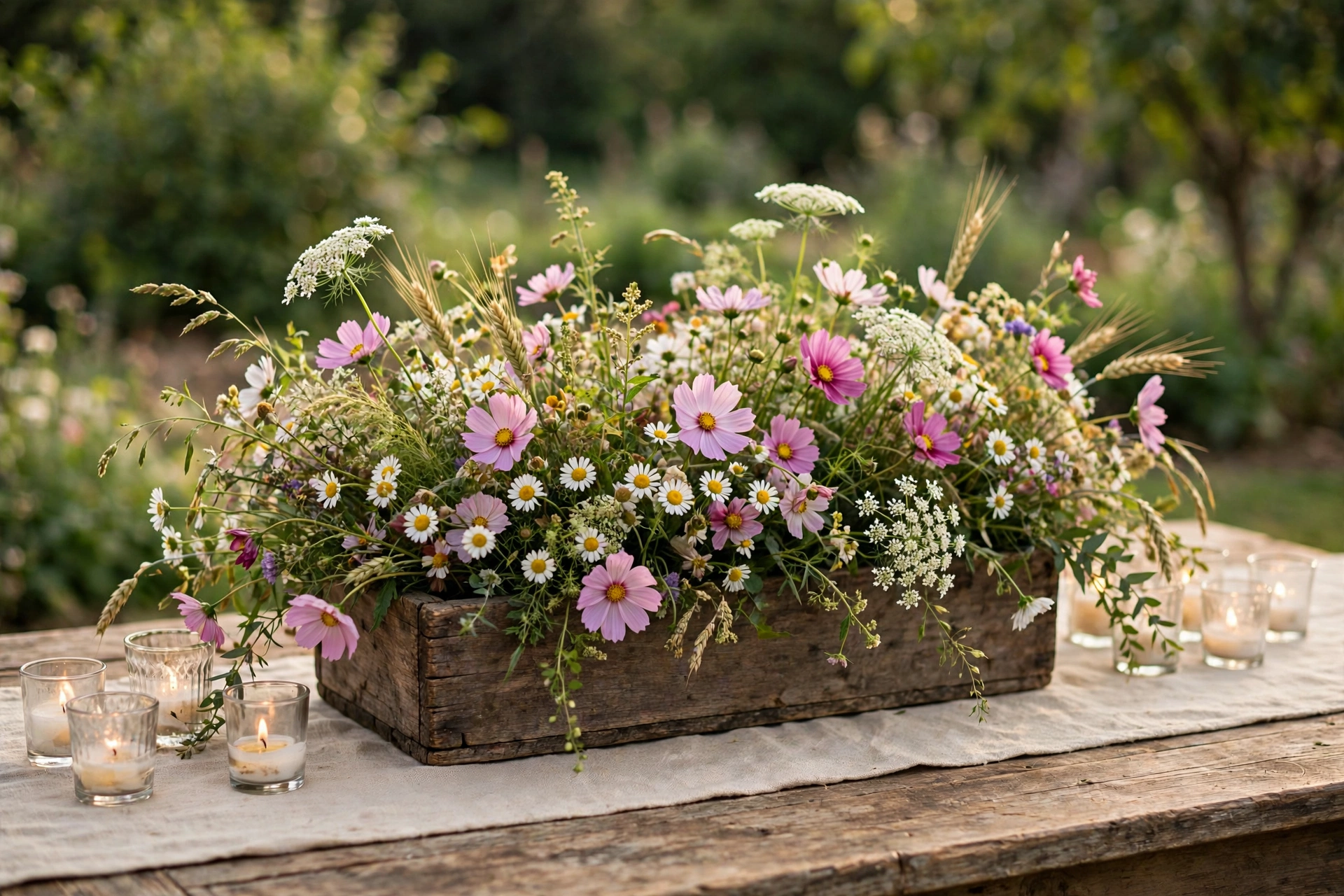 Rustic wooden box centerpiece overflowing with wildflowers on a farmhouse wedding table