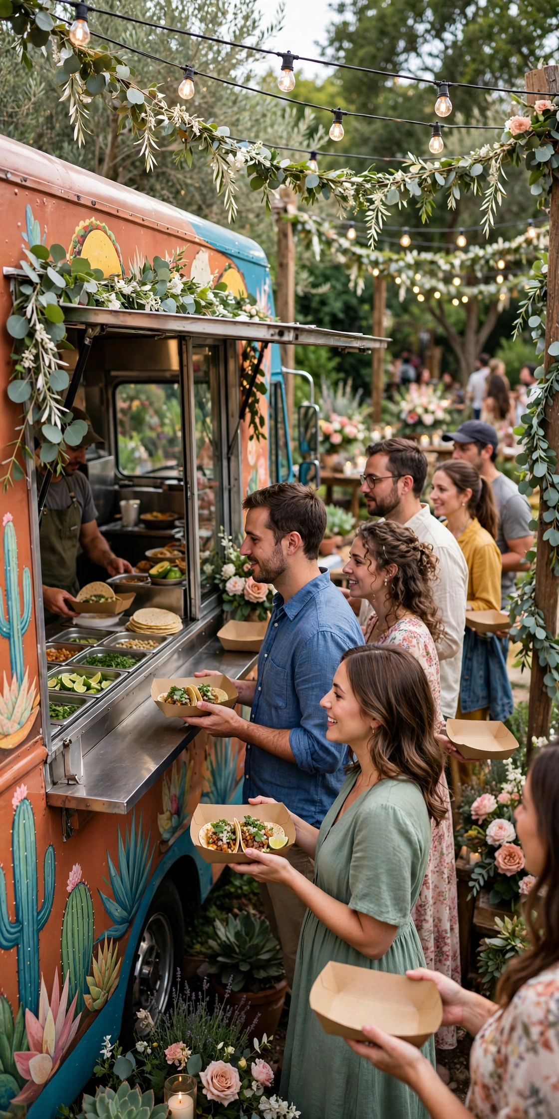 Colorful taco truck serving guests at an outdoor engagement party with string lights