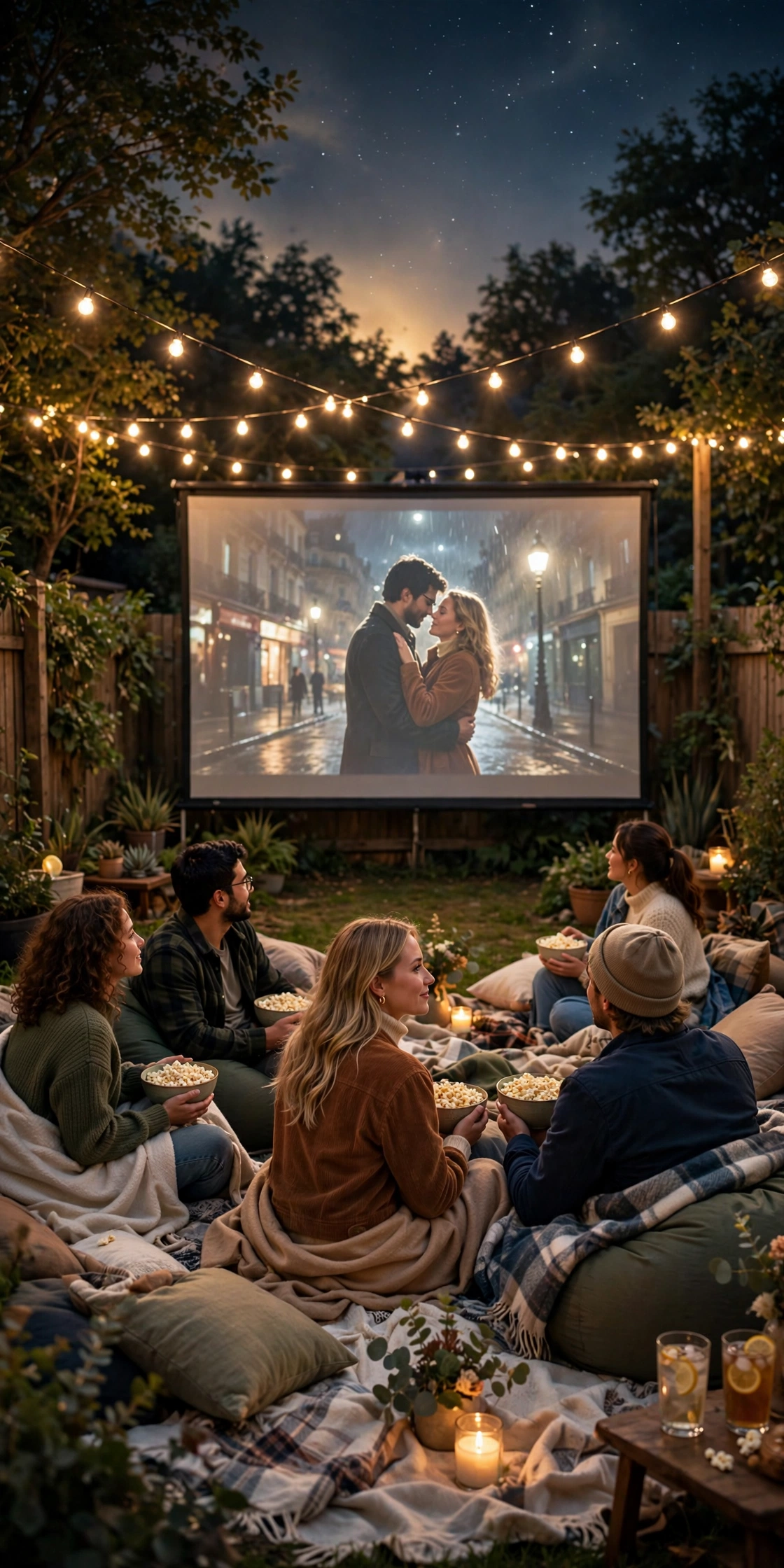 Backyard outdoor movie night engagement party with friends on blankets under string lights