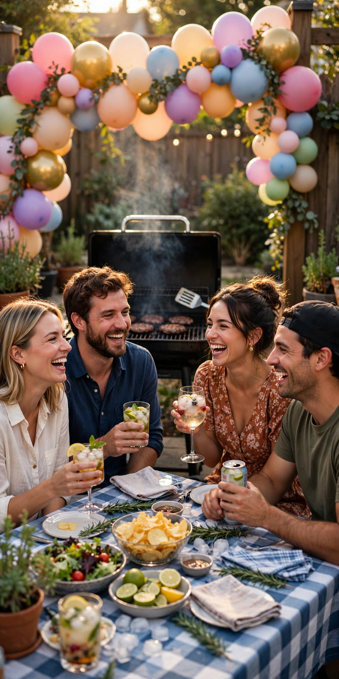 Sunny backyard BBQ engagement party with balloon garland arch and friends laughing around the table