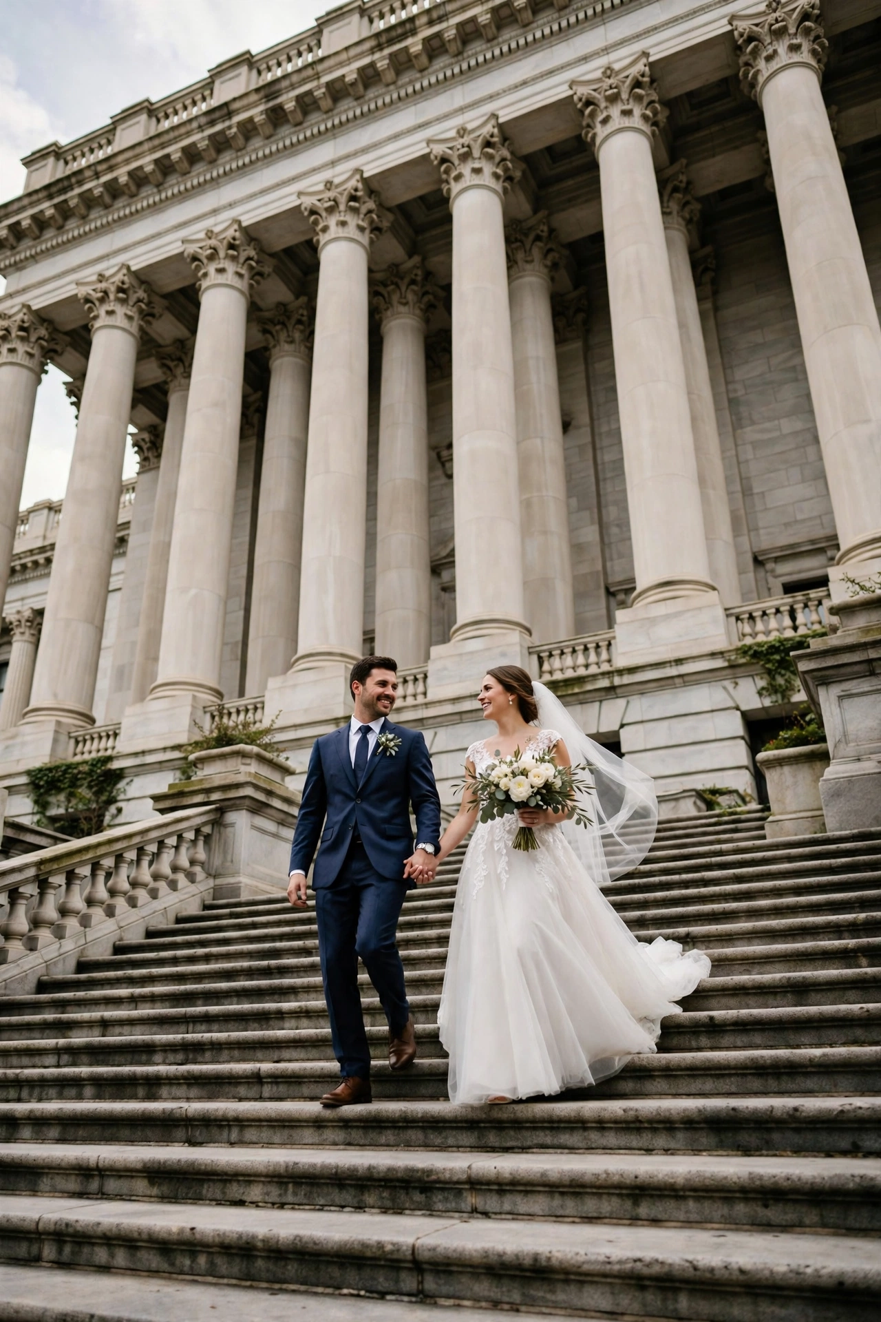 Soft neutral bridal bouquet of ivory roses and sage greenery resting on stone steps