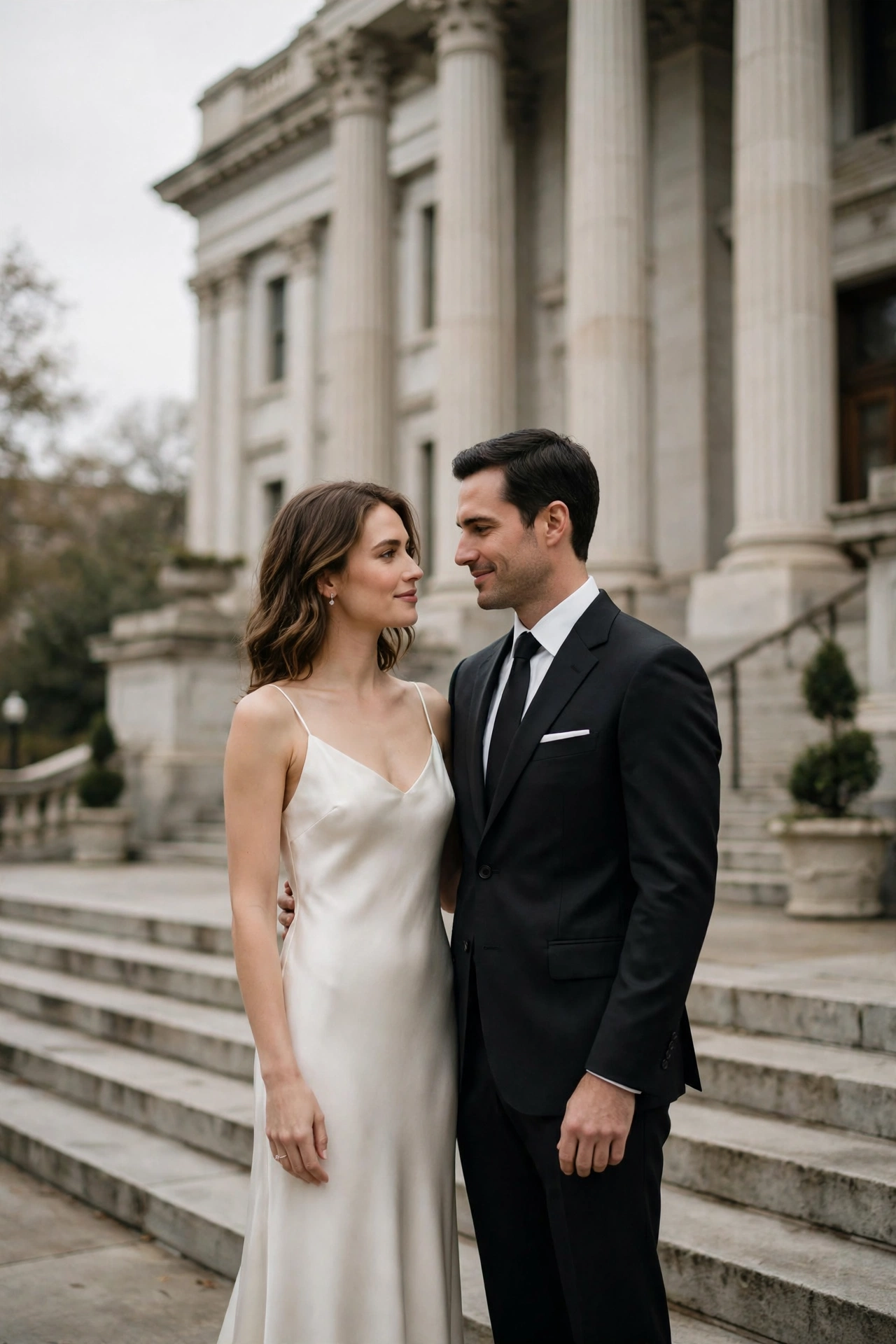 Elegant couple in timeless wedding attire on grand courthouse steps with soft light