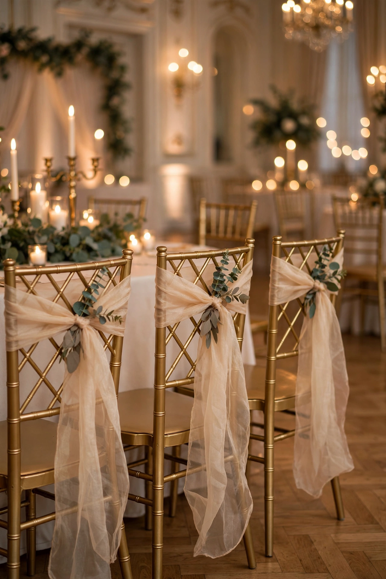 Chiavari wedding chairs with champagne organza sashes and greenery sprigs