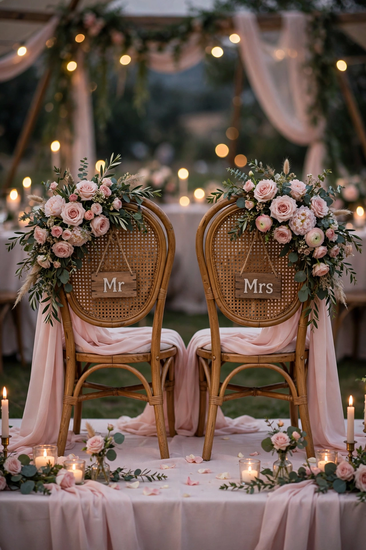 Bride and groom sweetheart chairs with lush floral statement backs and mr mrs signs