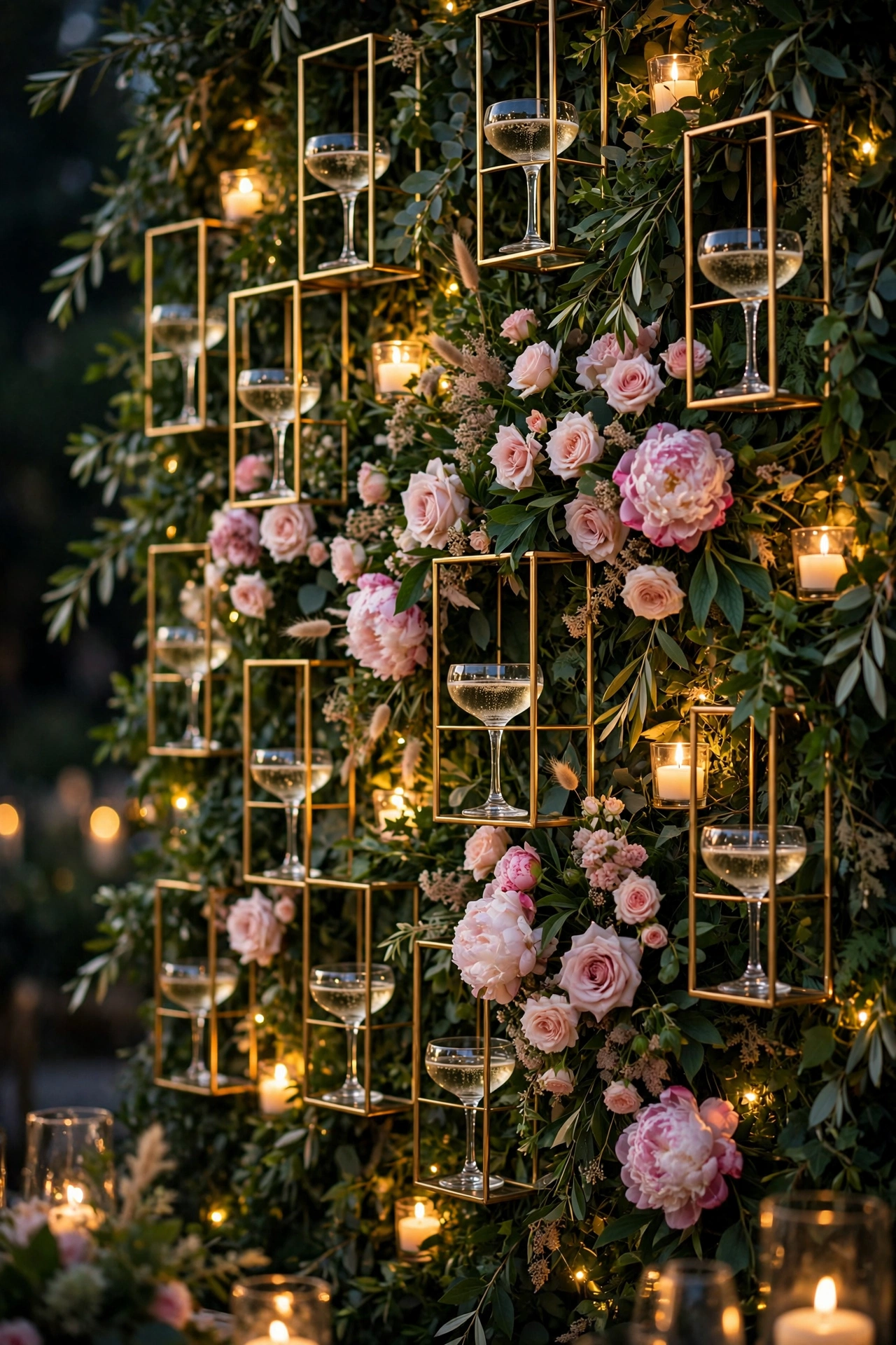 Elegant wedding champagne wall with gold-framed glass holders and blush roses