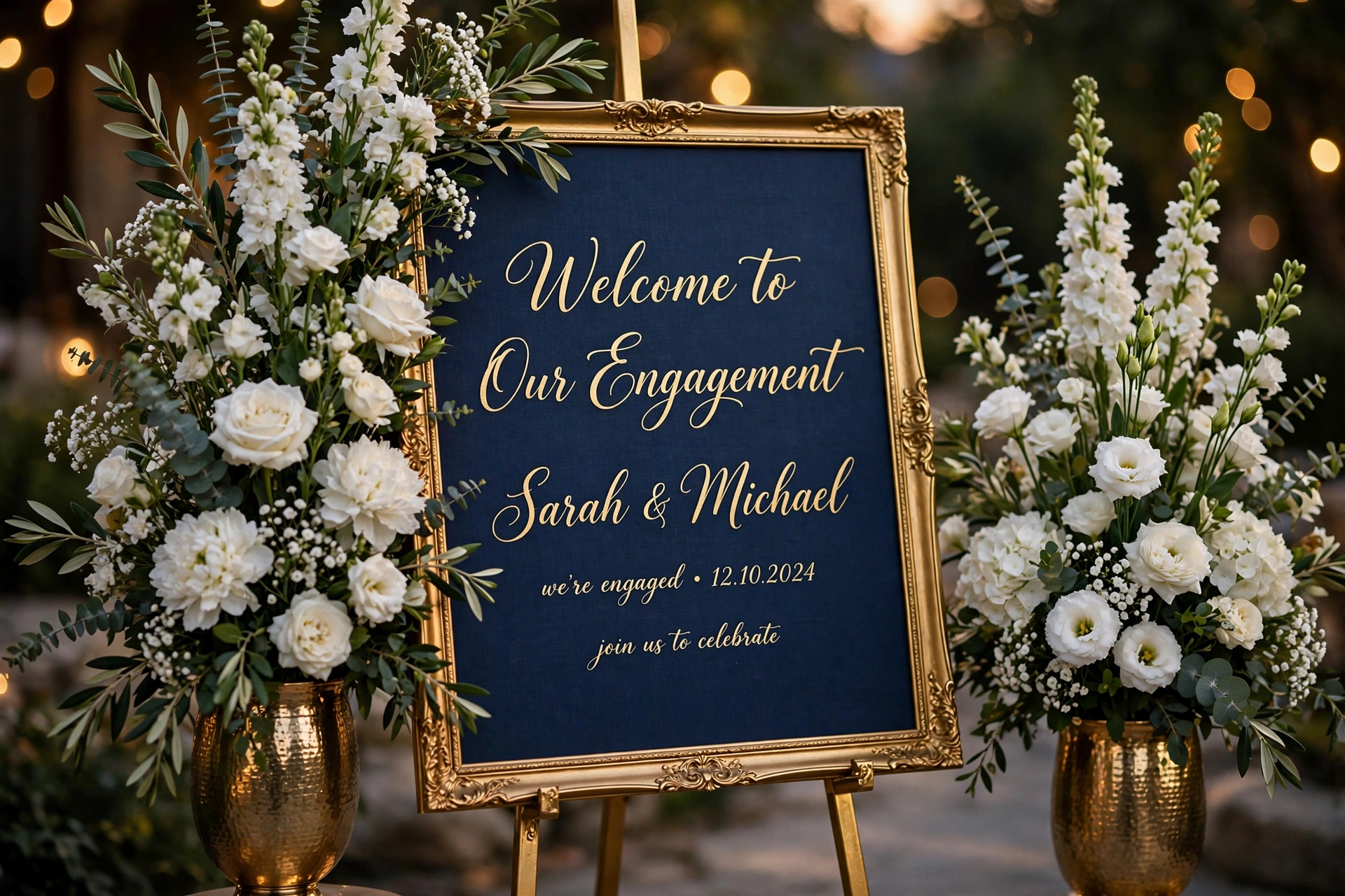 Elegant engagement party welcome sign with gold calligraphy on navy board