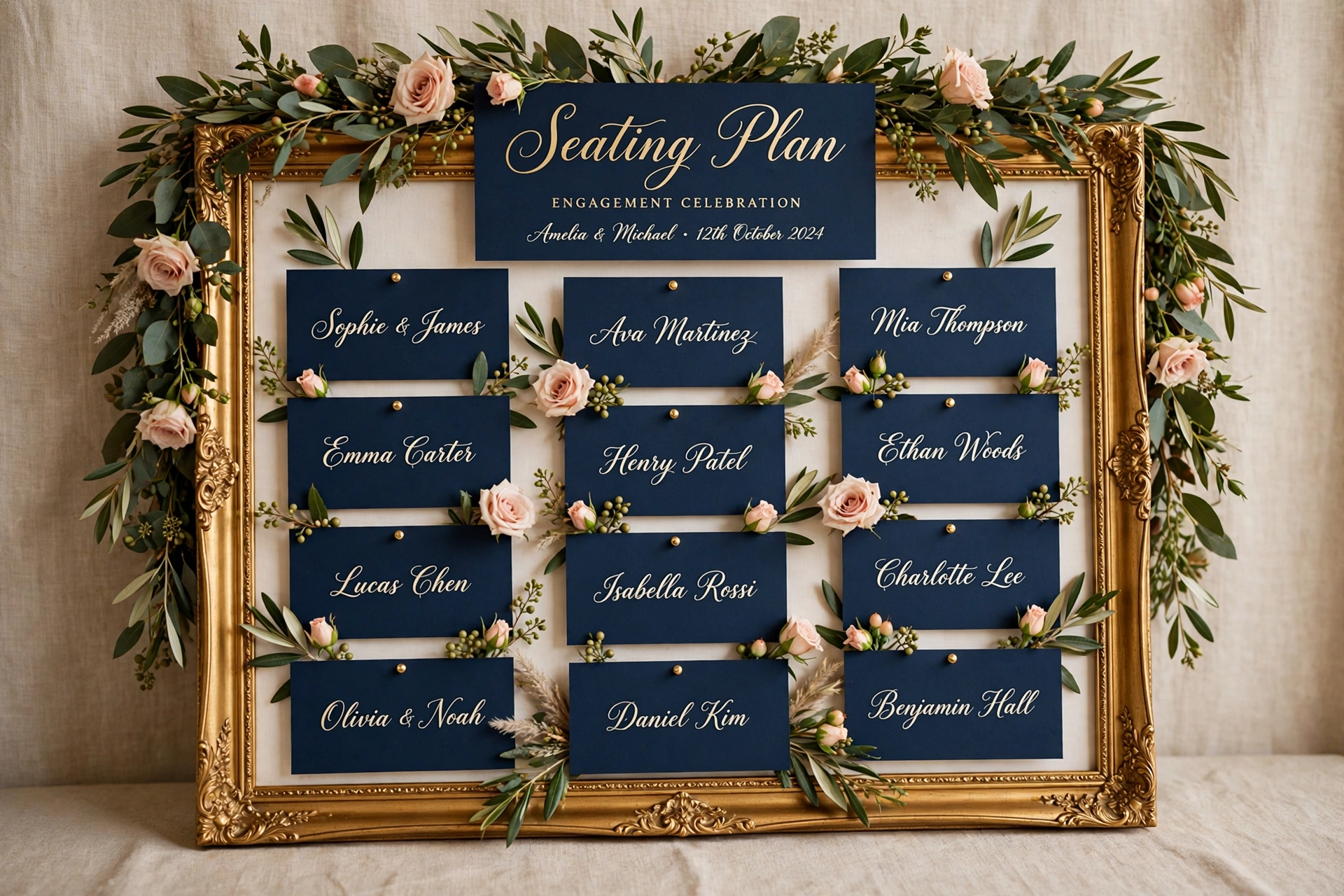 Engagement party seating plan display with navy cards and gold calligraphy