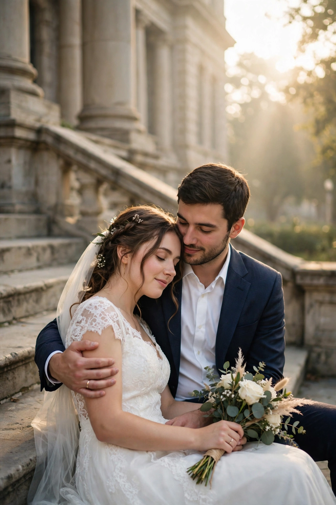 Couple framed perfectly inside a grand stone archway of a historic courthouse