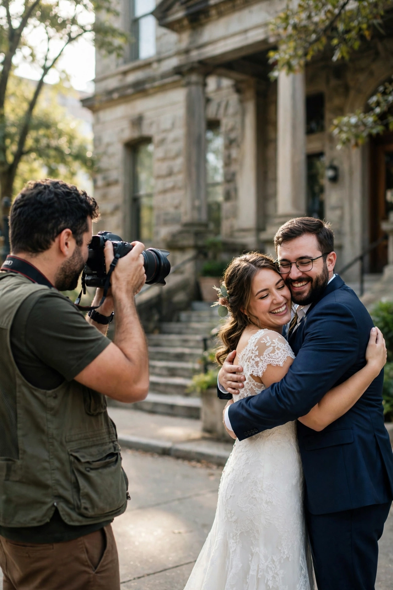 Photographer capturing a joyful couple embracing outside a historic courthouse