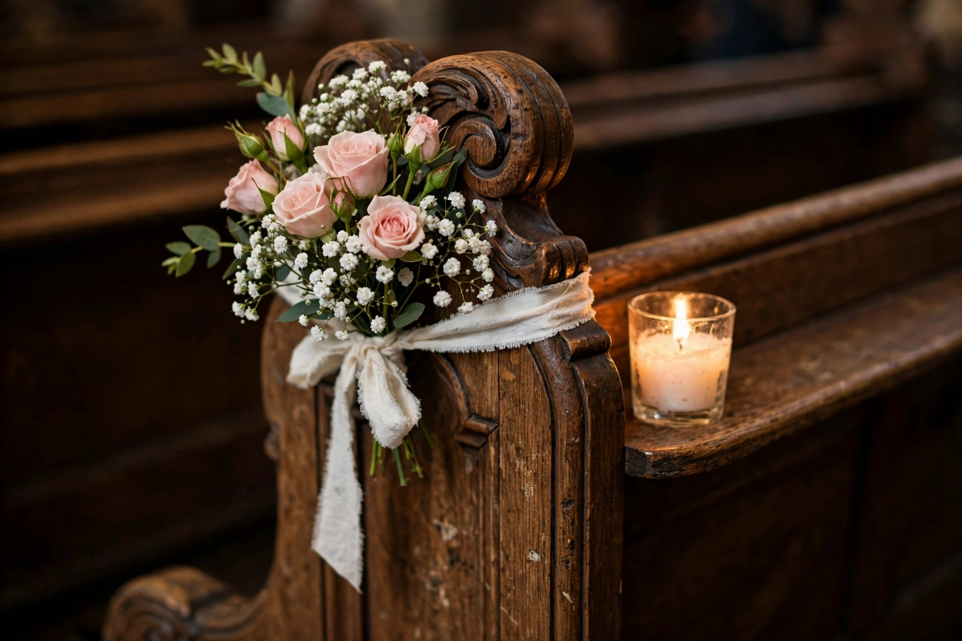 Church pews decorated with blush rose floral markers and ivory ribbon