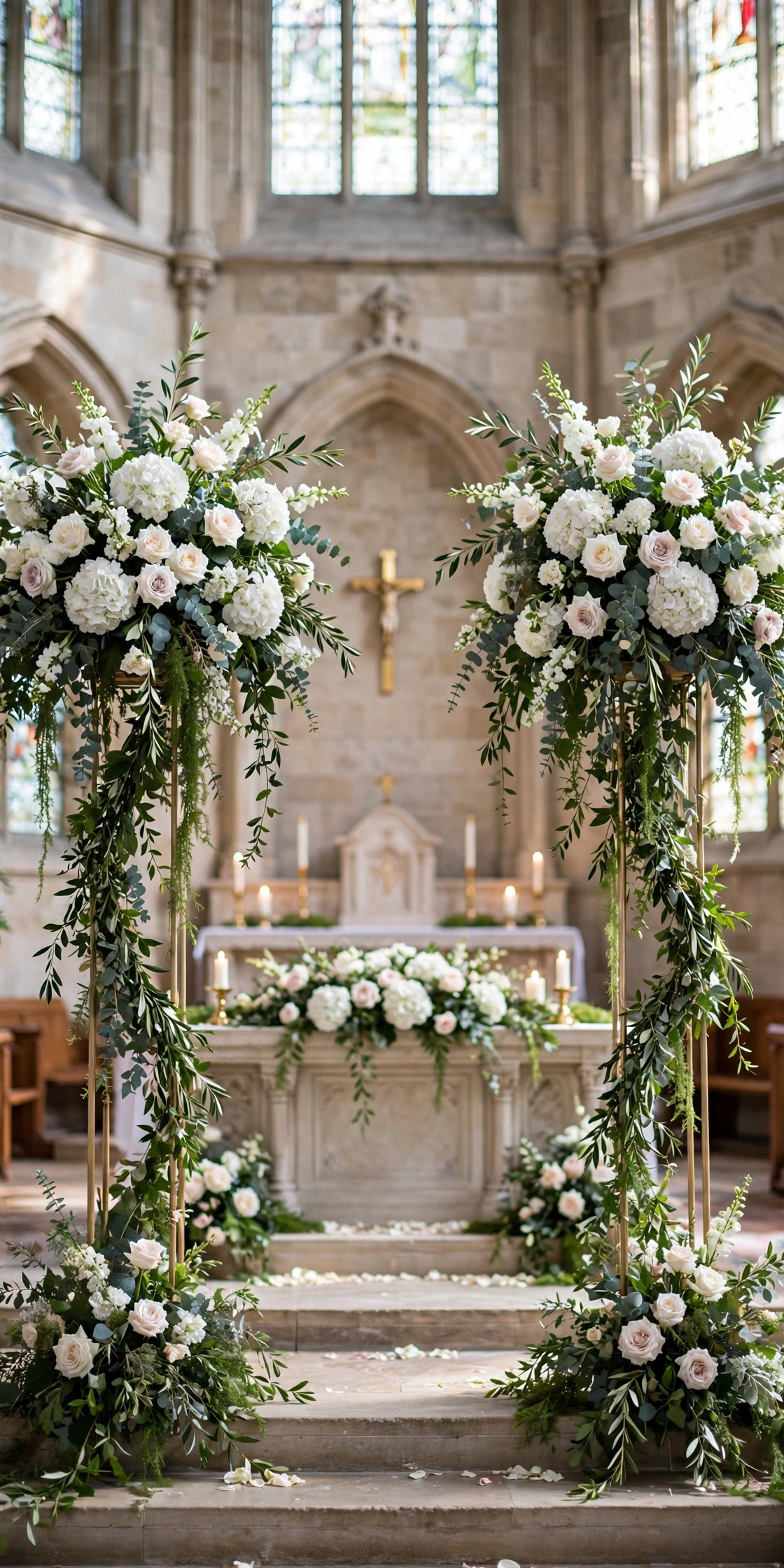 Church wedding aisle lined with candles and rose petals