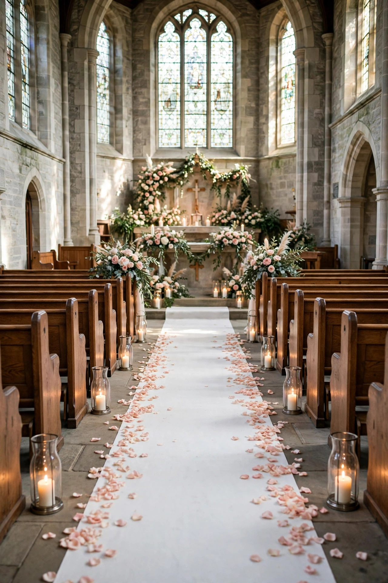 Grand floral altar arrangement with white and blush flowers in a church