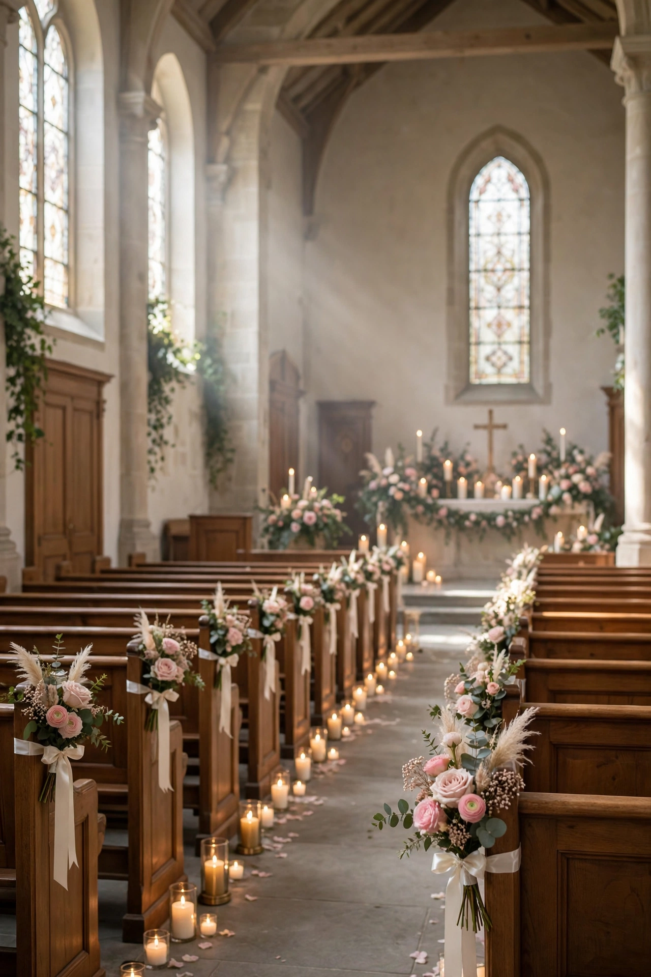Elegant church interior decorated for a wedding with floral pew markers and candles