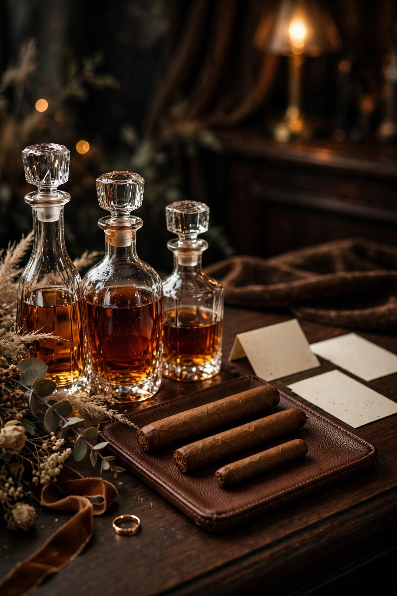 Wedding whiskey and cigar pairing bar with crystal decanters, cigars and tasting notes