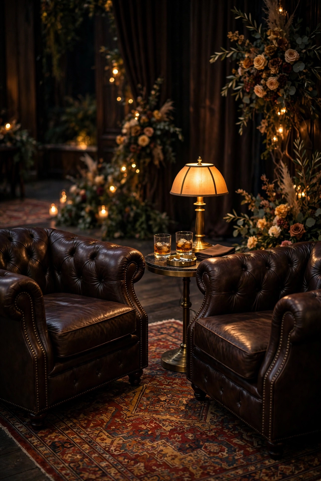 Leather Chesterfield chairs and warm lamps in a wedding cigar lounge corner at night