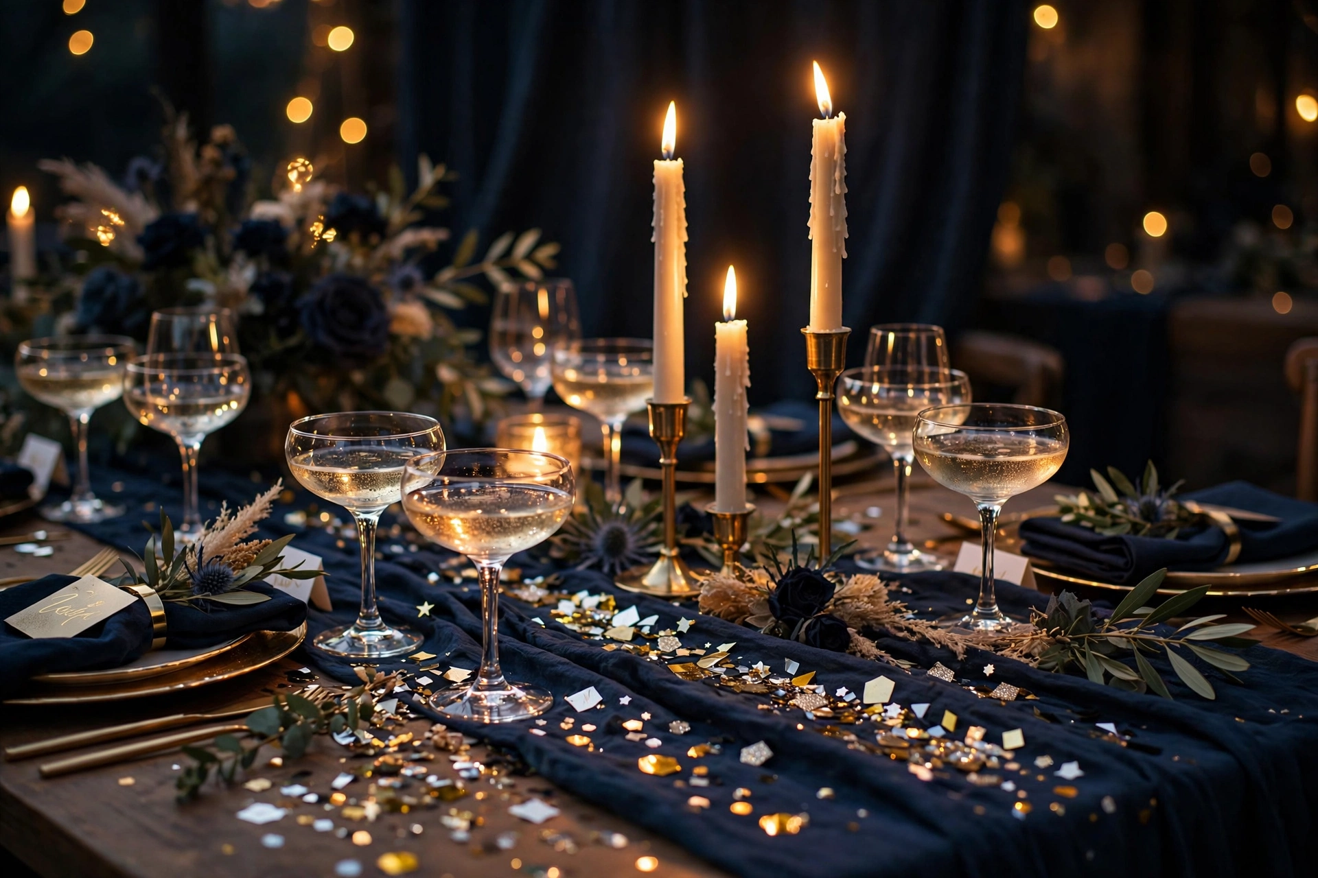 Metallic gold geometric confetti shimmering on a midnight-blue table runner at night