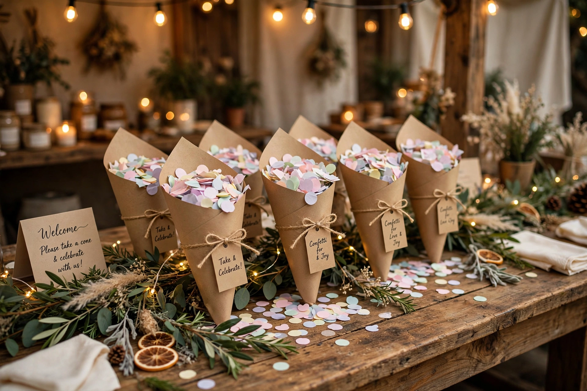 Kraft paper cones filled with pastel confetti on a rustic wooden welcome table