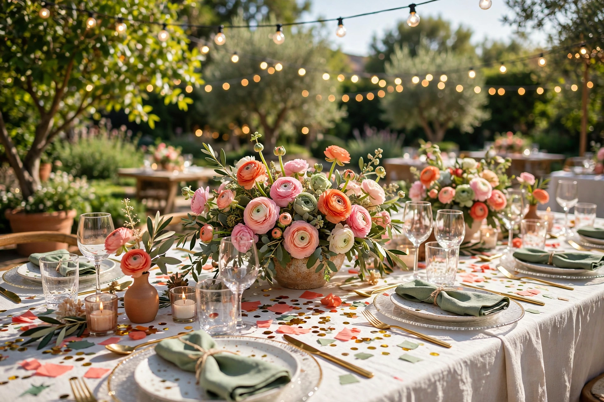 Sunlit reception tablescape with colorful paper confetti scattered on white linens