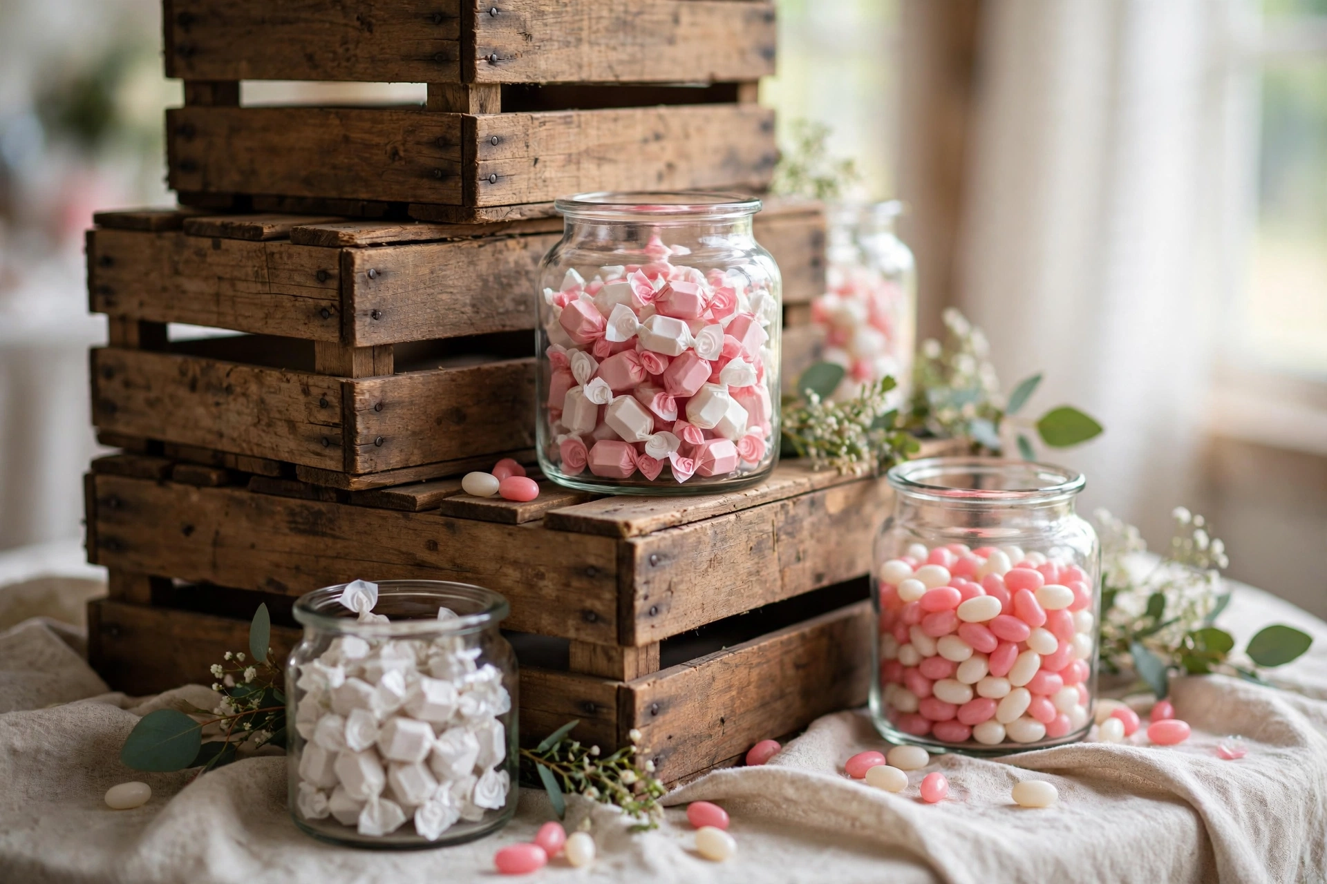 Wooden crates stacked in tiers holding glass jars of pink and white candy on a wedding candy bar