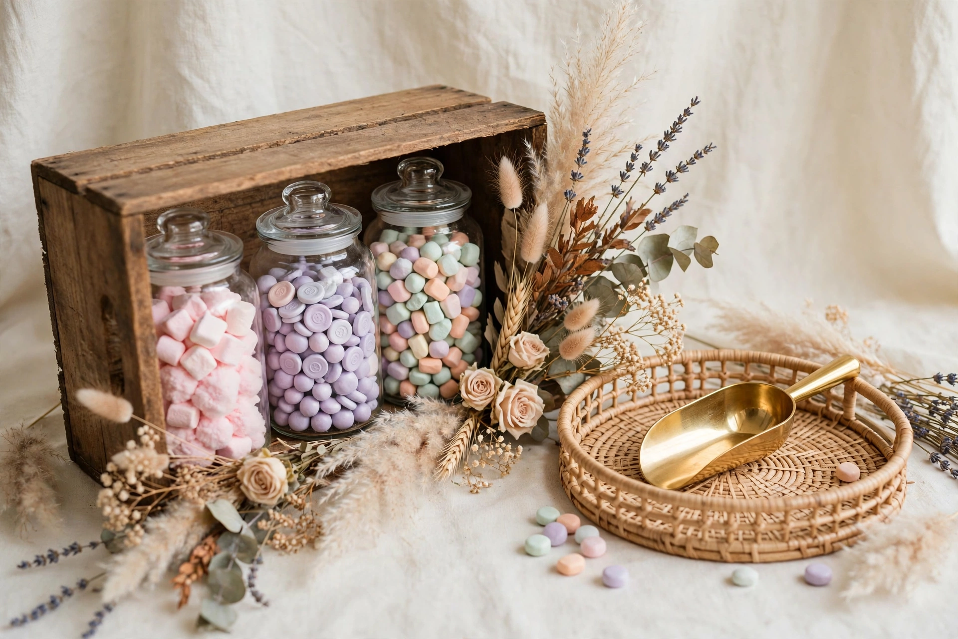 Wooden crate turned sideways holding pastel candy jars with pampas grass and dried flowers