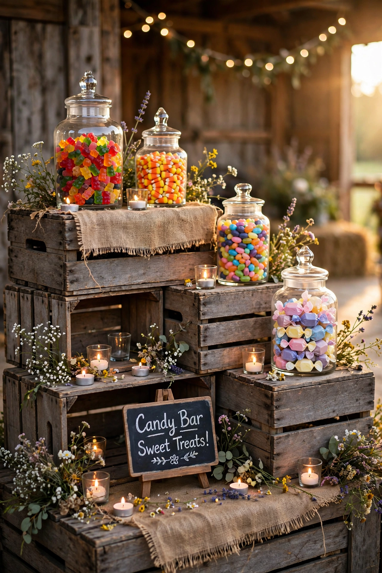 Rustic wedding candy bar styled with stacked wooden crates and glass jars of candy at a barn wedding