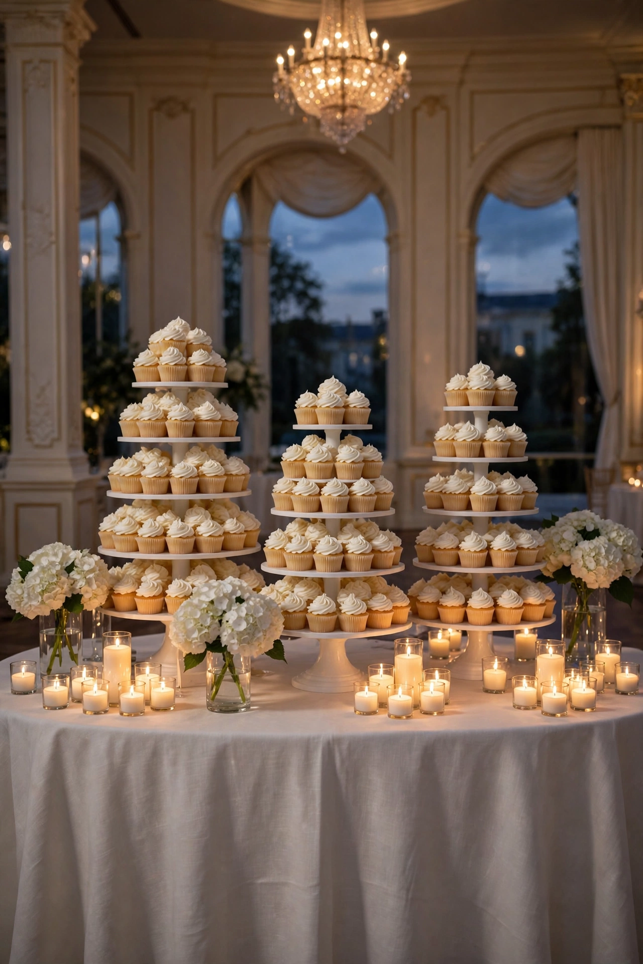 Elegant white wedding cupcake towers on tiered stands in a candlelit ivory ballroom with hydrangeas