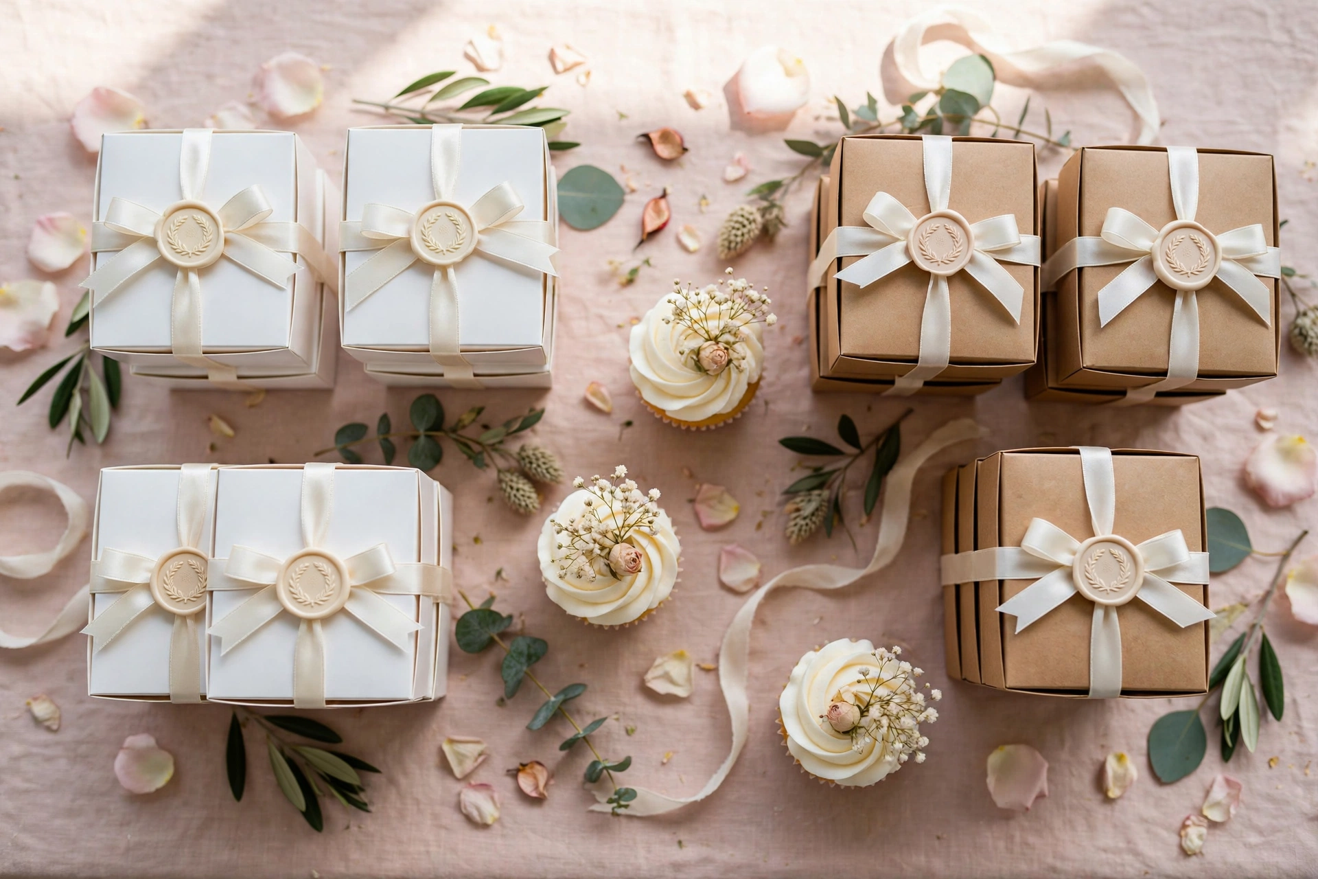 Wedding cupcake favor boxes tied with ivory ribbon and wax seals arranged on blush linen