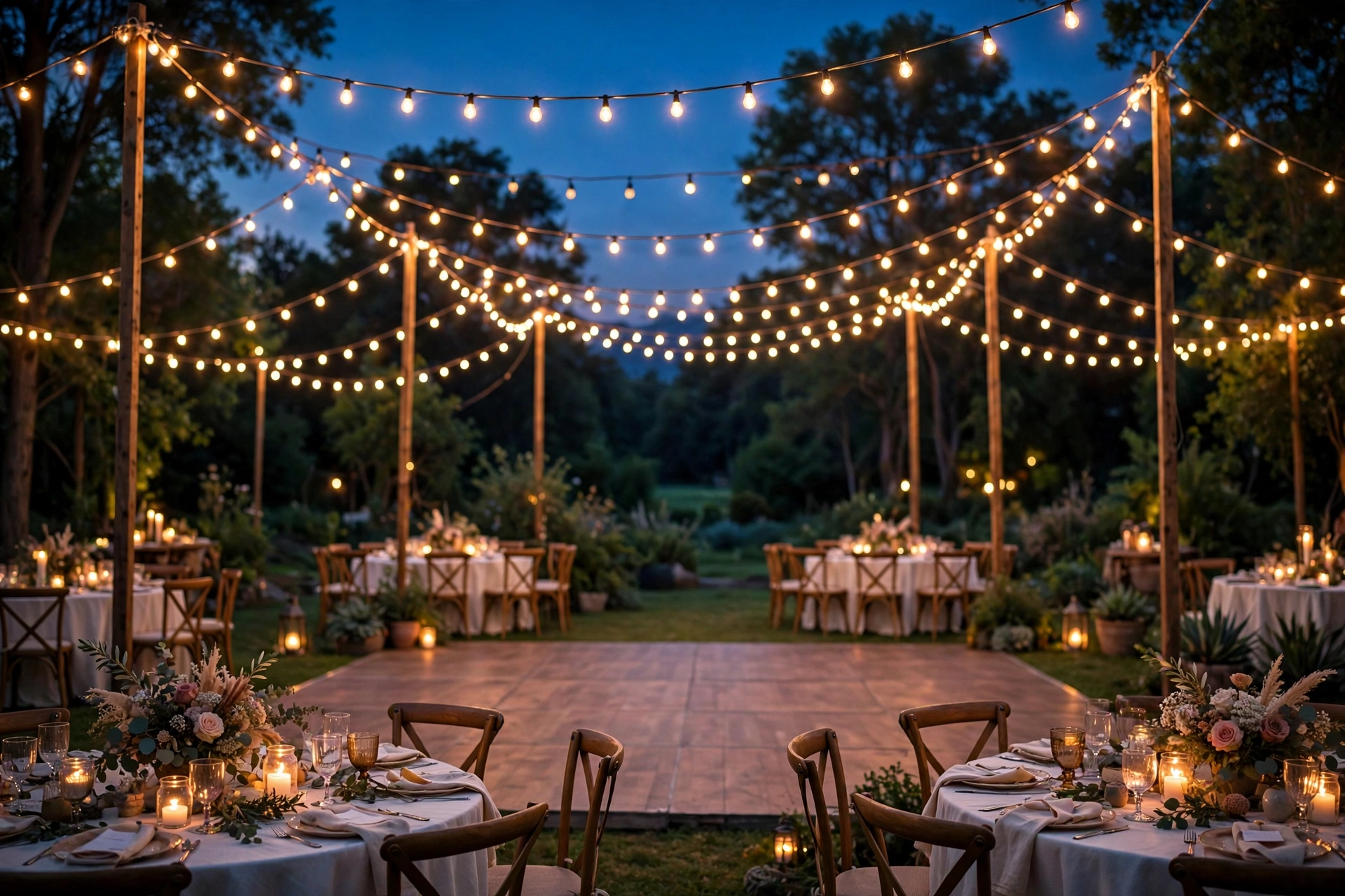 Canopy of warm string lights crisscrossing above an outdoor wedding dance floor at dusk