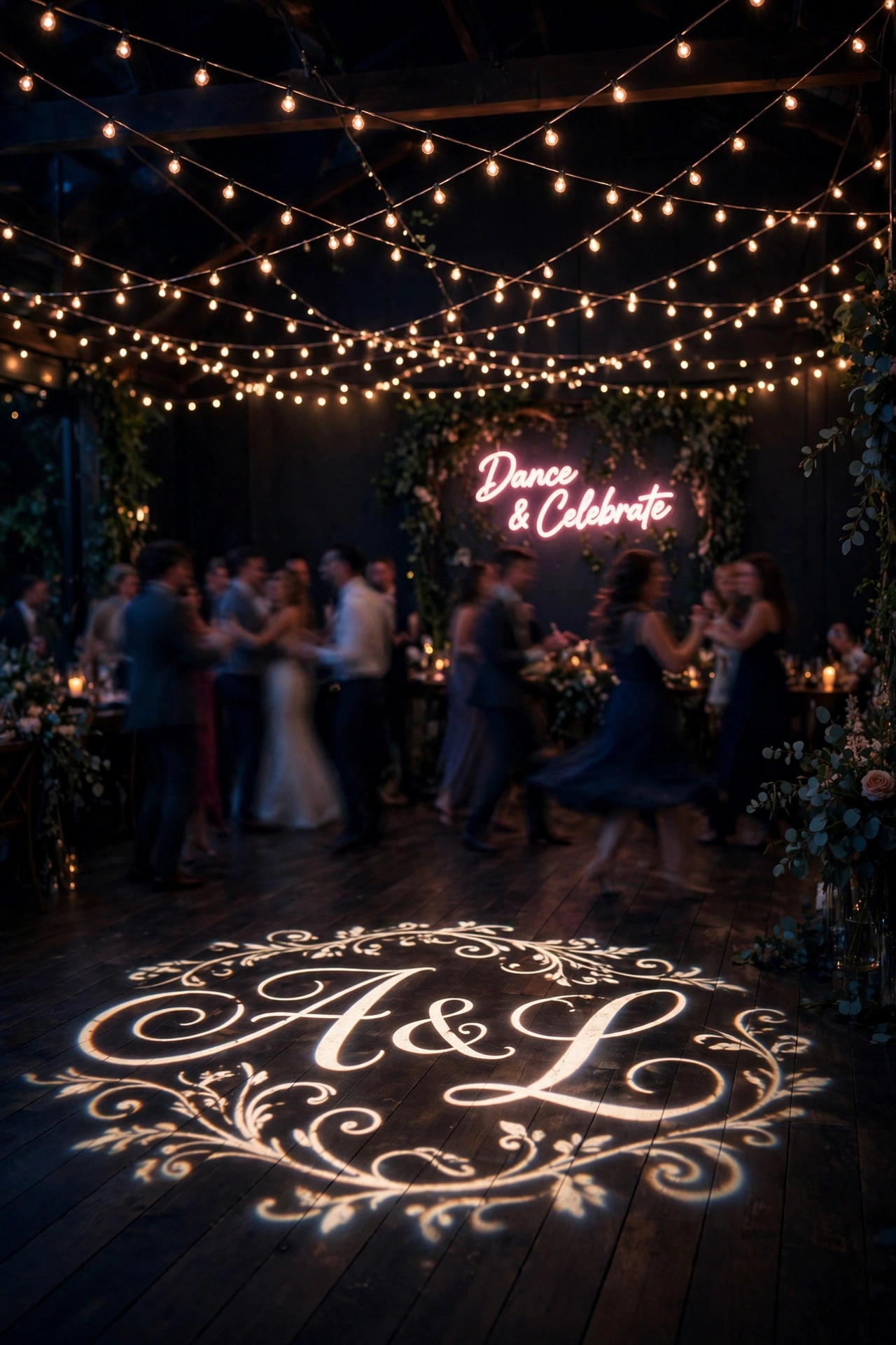 Wedding dance floor at night with monogram light projection, string lights canopy and neon sign glowing