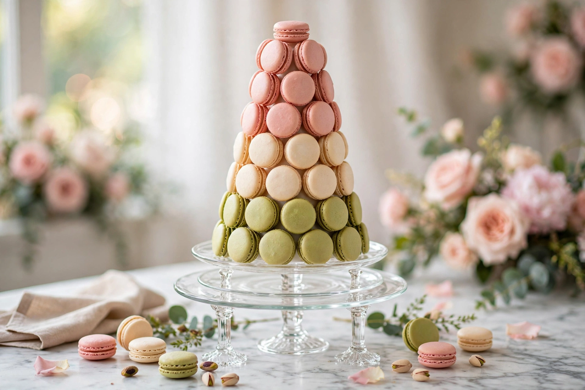 Pastel macaron tower in blush, cream and pistachio on a glass tiered stand at an elegant wedding dessert table