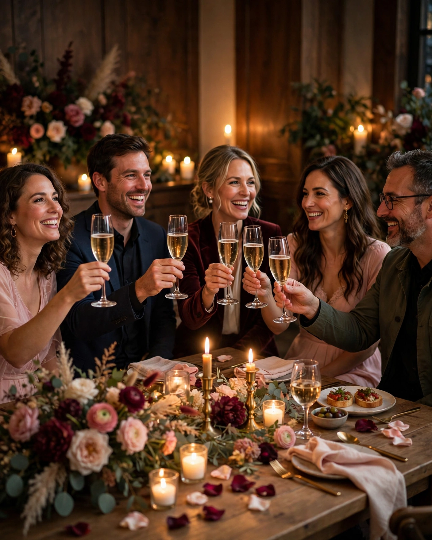 Guests raising champagne glasses in a joyful welcome toast at a candlelit rehearsal dinner party