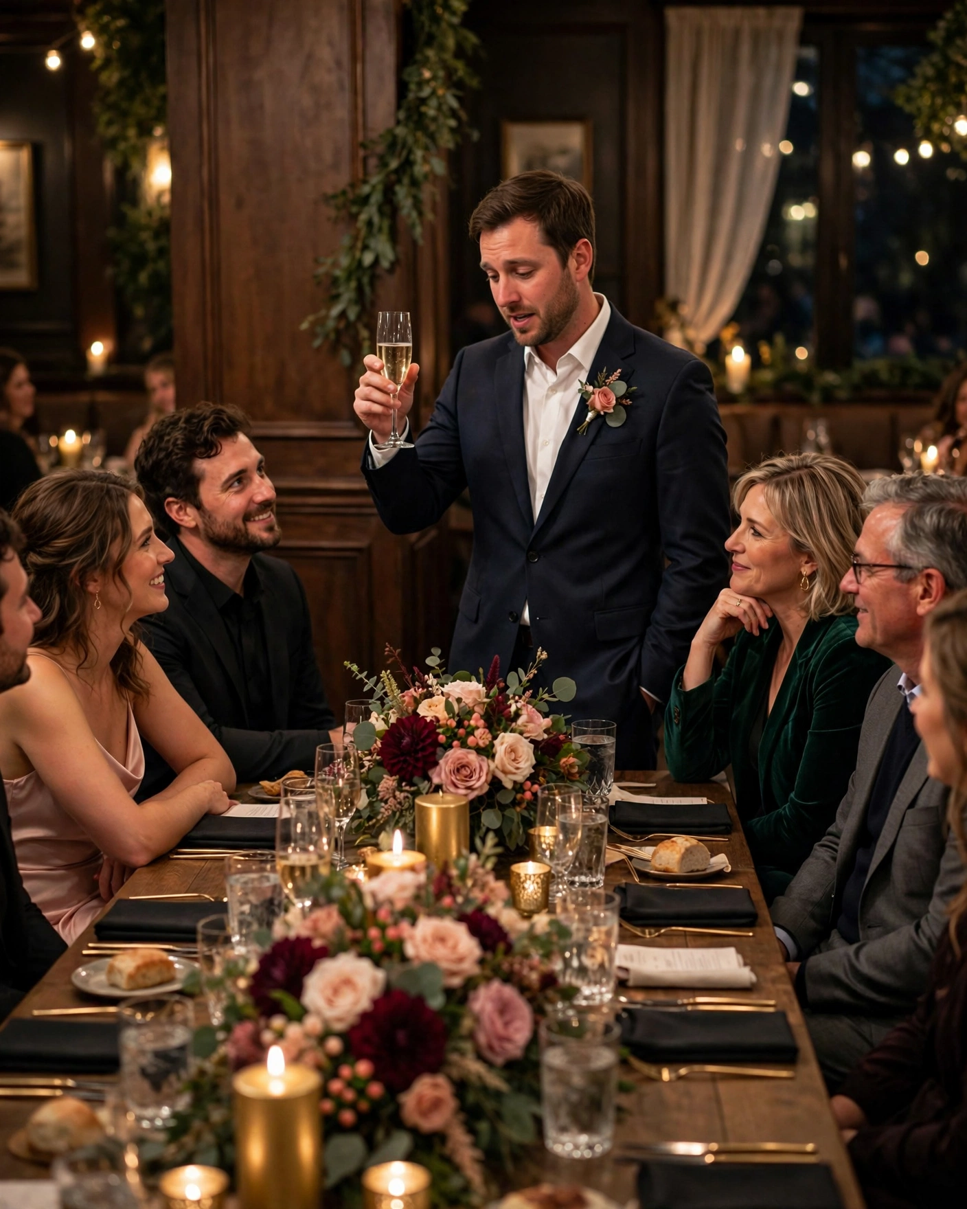 Emotional best-man speech at a rehearsal dinner party with guests listening warmly at a candlelit table