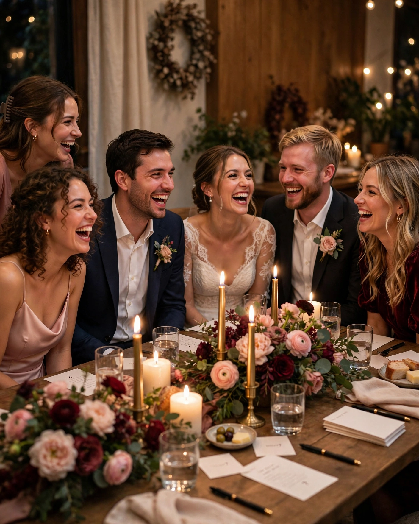Wedding party laughing during a fun couple quiz game at a candlelit rehearsal dinner party table
