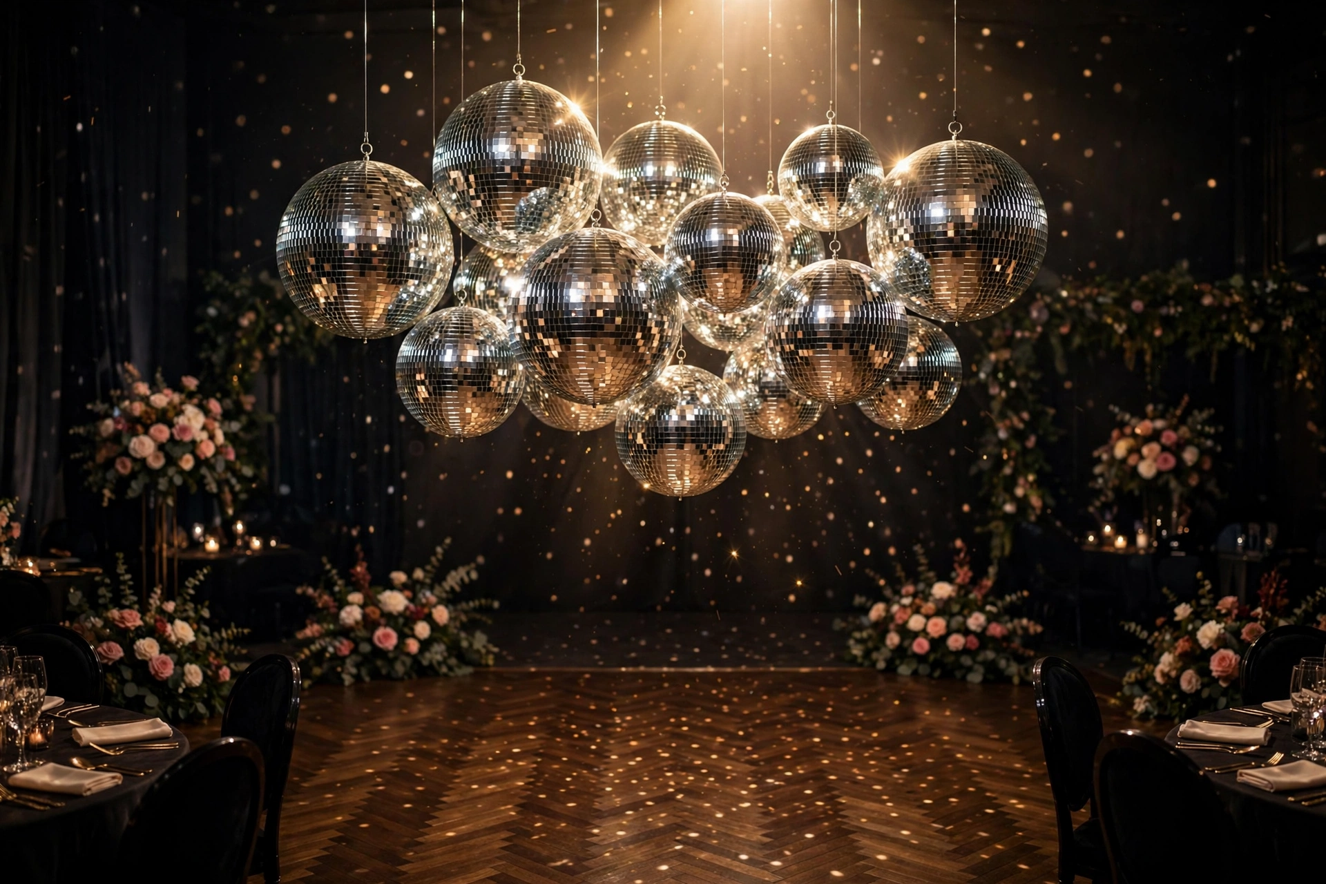 Cluster of disco balls hanging over a wedding dance floor