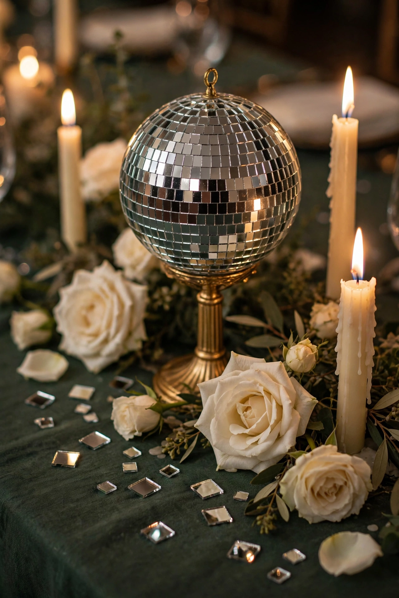 Elegant wedding table centerpiece with a mirrored disco ball on a gold stand surrounded by ivory roses and taper candles