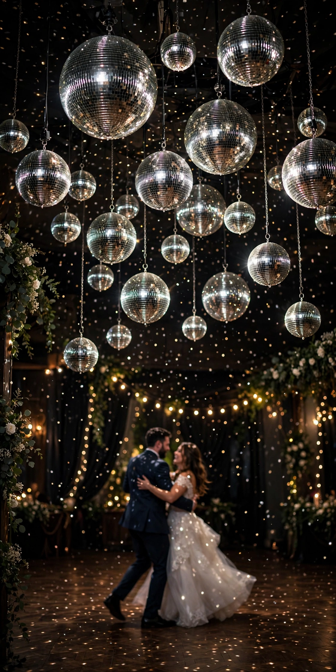 Shimmering disco balls hanging above a wedding dance floor with light reflections