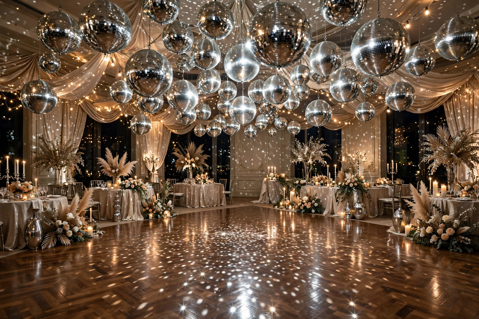 Wedding reception dance floor at night with hanging mirrored disco balls casting sparkling reflections