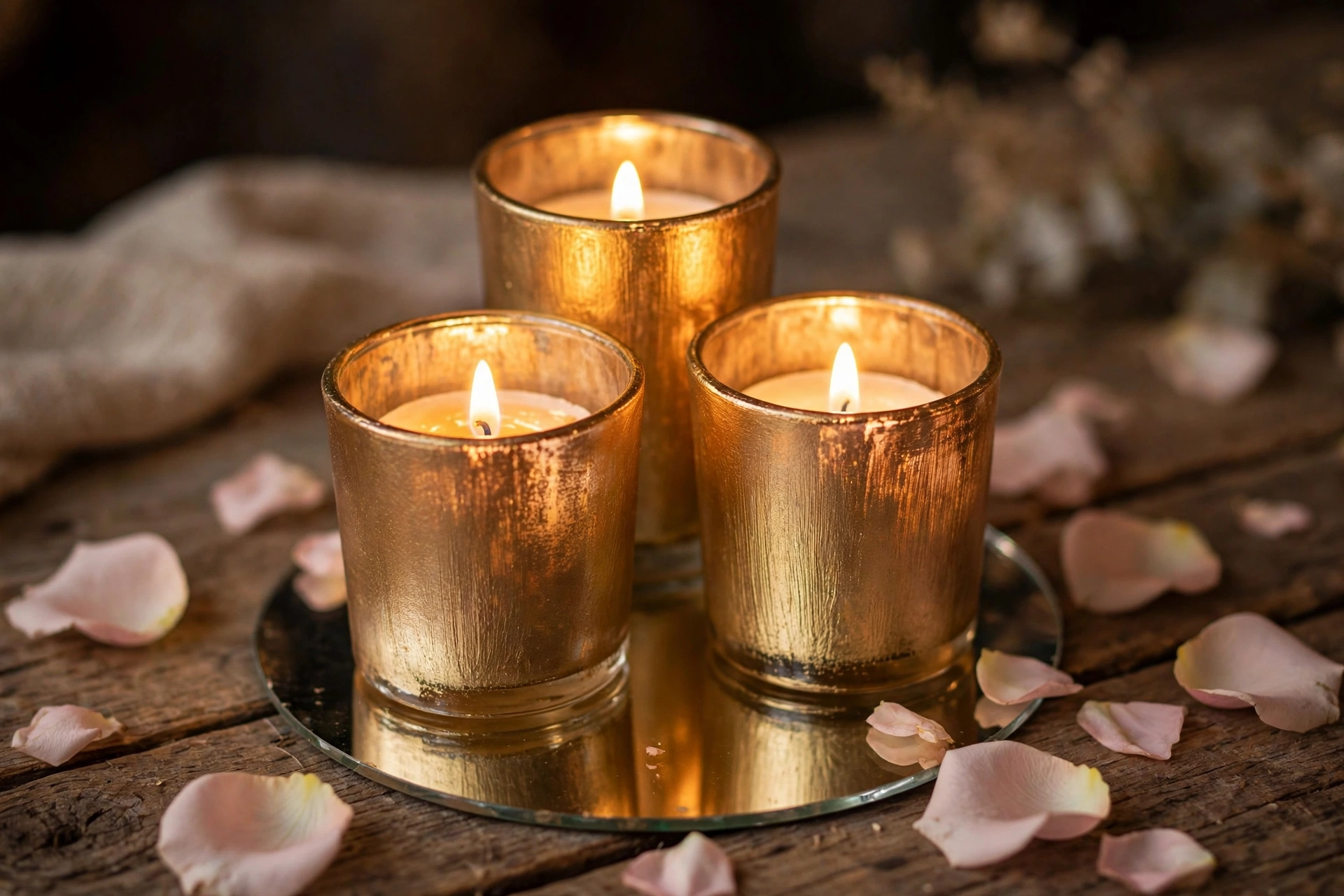 Gold spray-painted dollar store votive candle holders glowing on a mirror tile with rose petals