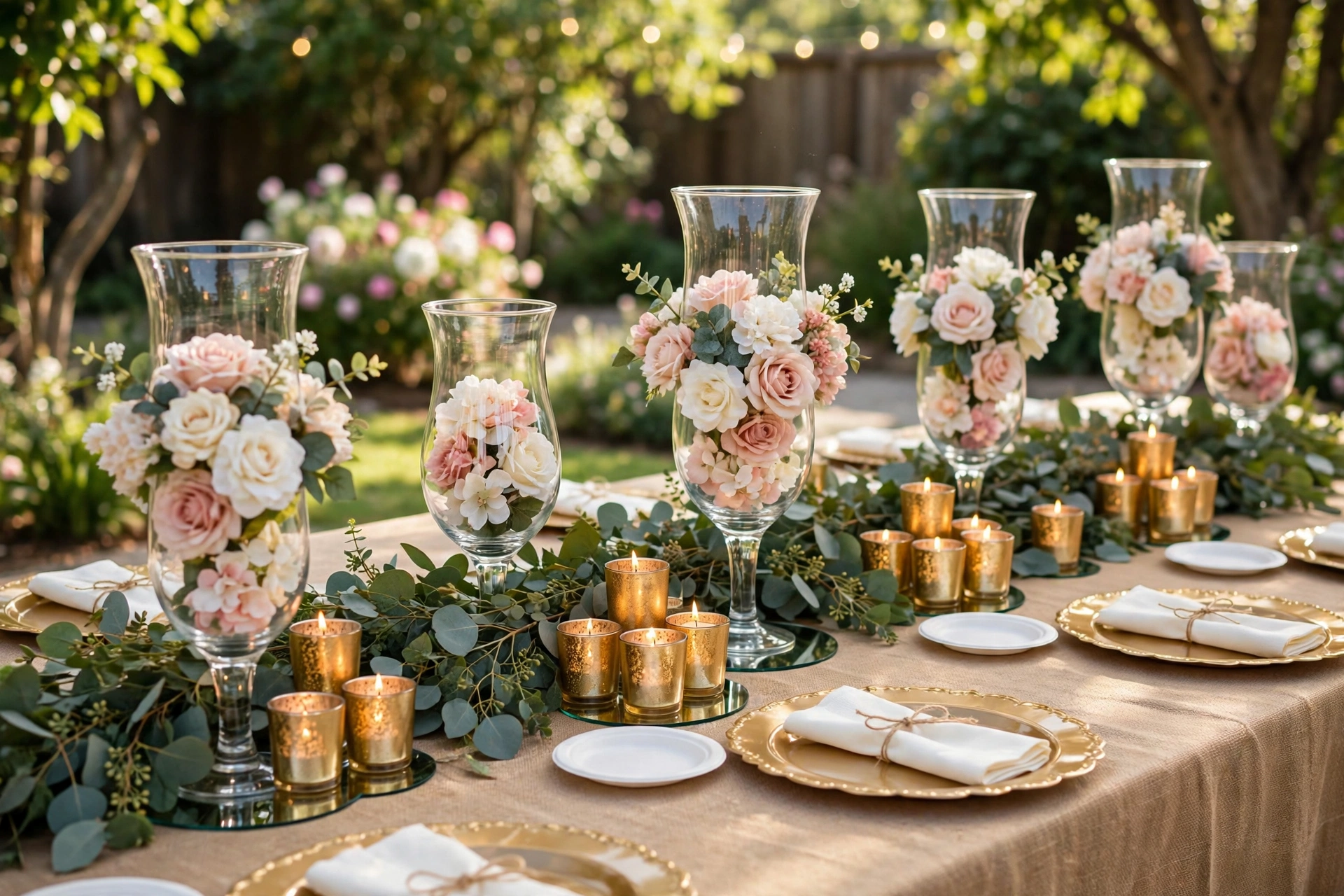 Elegant wedding table styled with dollar store DIY decor, gold votives, glass vases with flowers and a greenery garland runner