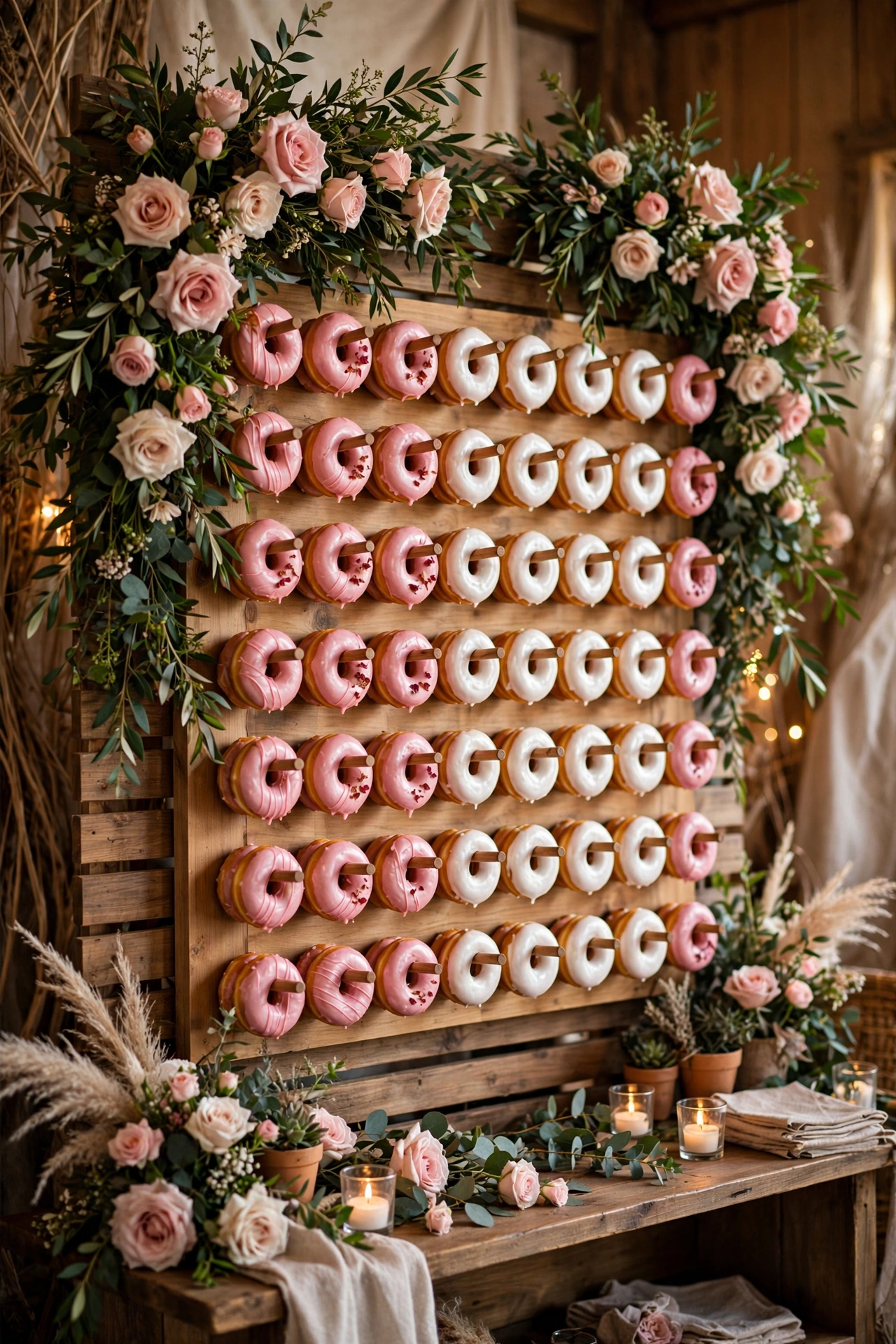 Elegant wedding donut wall with glazed donuts on wooden pegs framed with greenery and roses