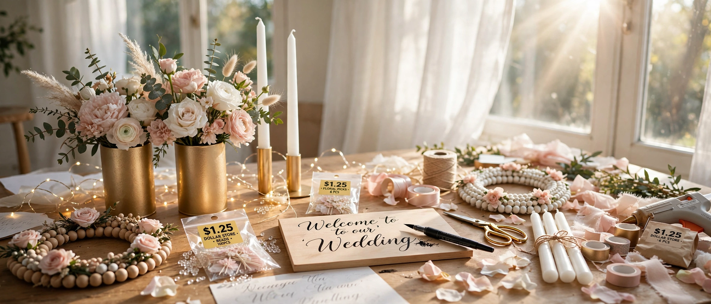 Dollar Tree wedding hacks DIY craft table with gold vases, candles and $1.25 finds