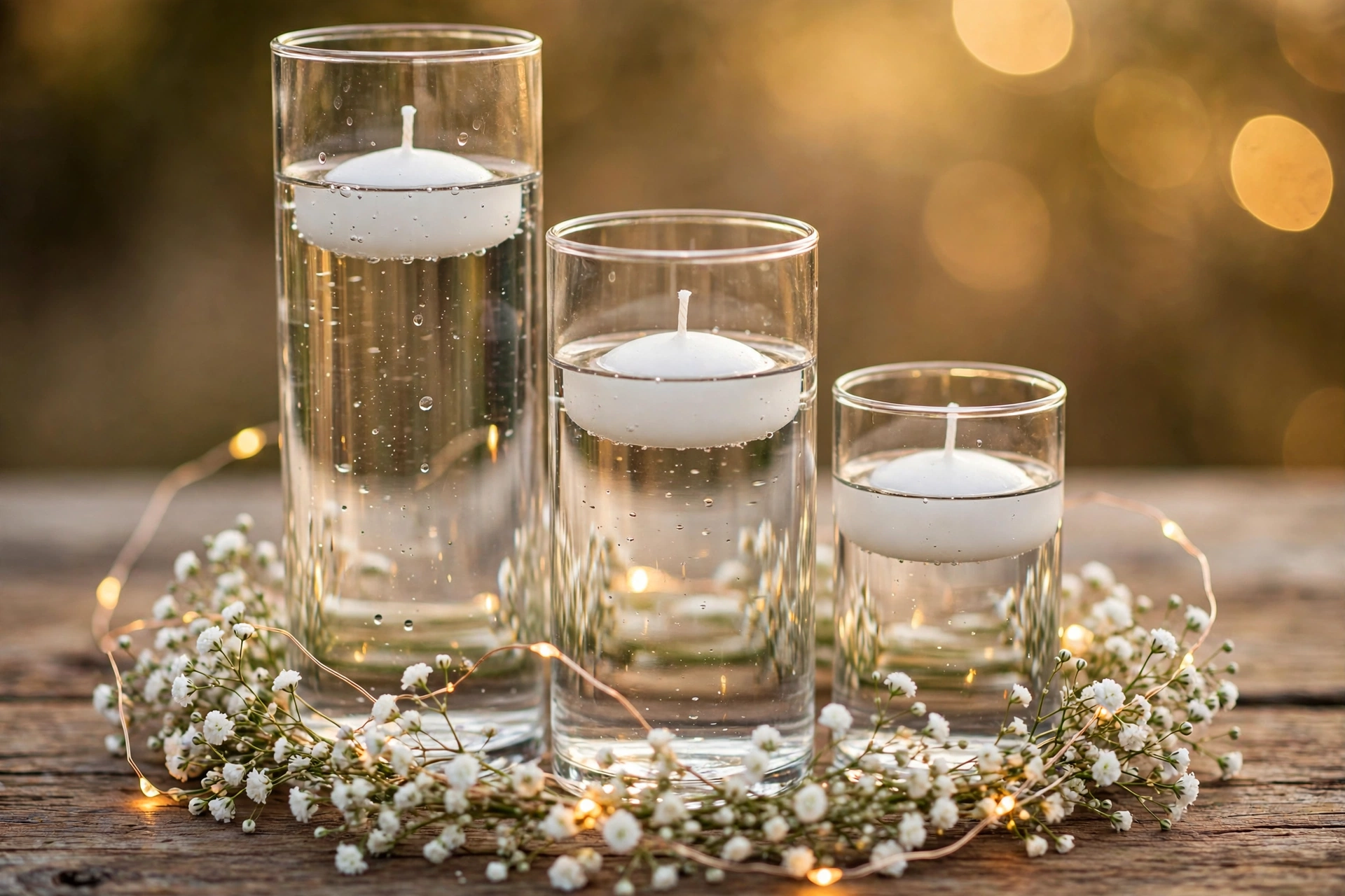 Close-up of budget wedding centerpiece with three glass cylinder vases holding floating white candles, baby's breath and fairy lights