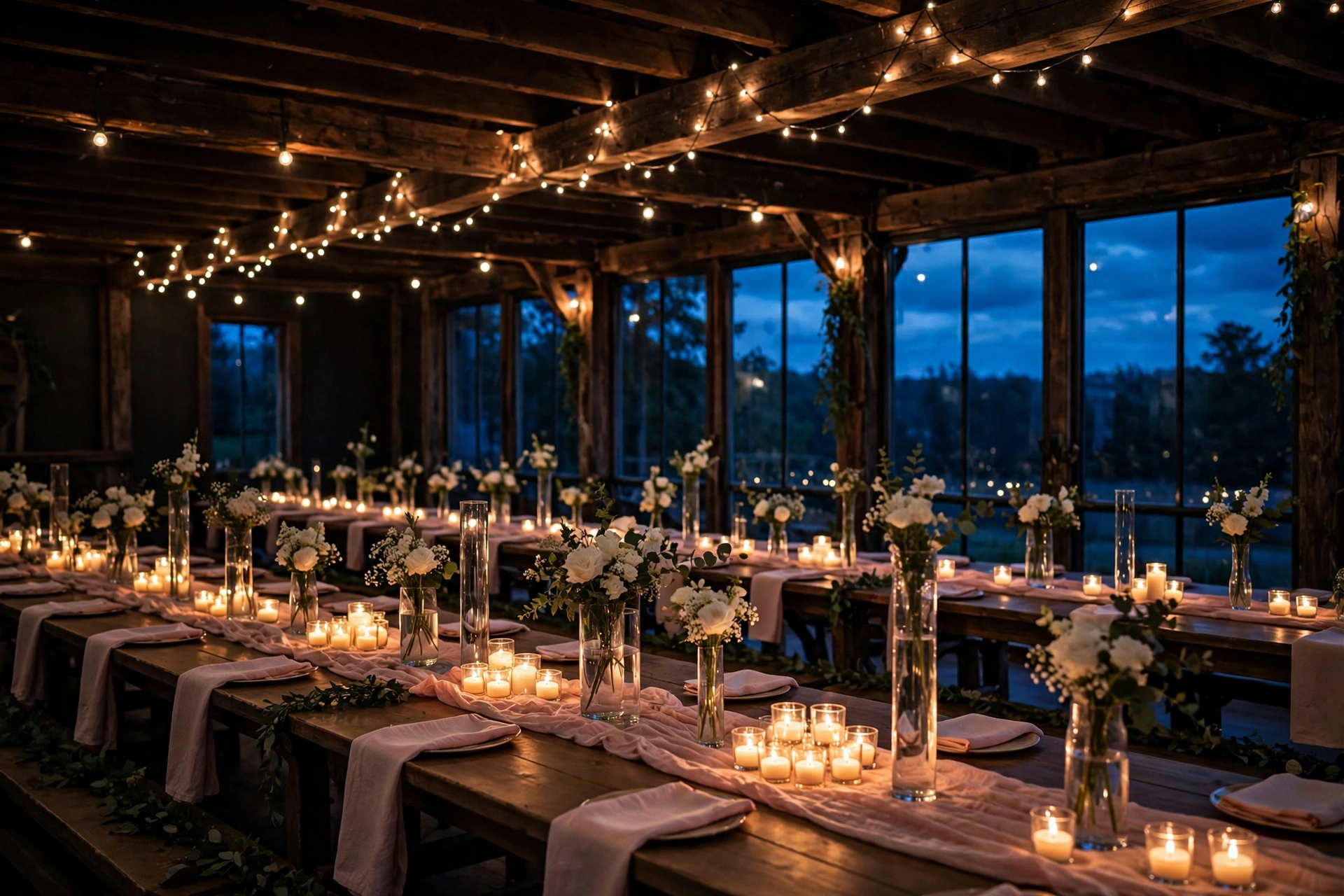 Wide view of candlelit wedding reception hall at blue hour with long tables of tea light clusters, white blooms and blush runners
