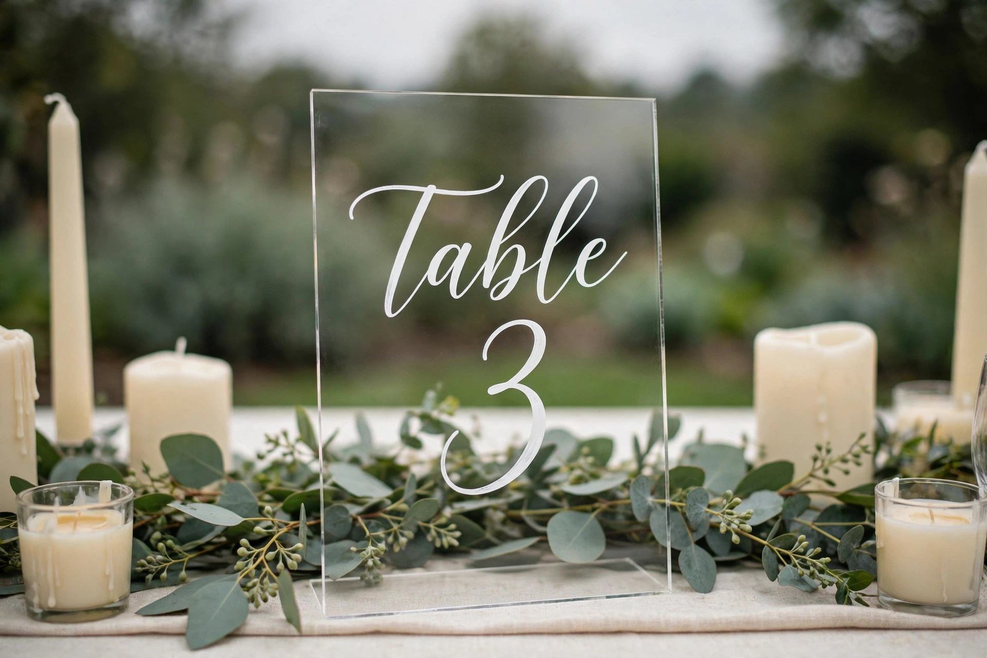 Clear acrylic wedding table number sign with white calligraphy on a garden table with eucalyptus