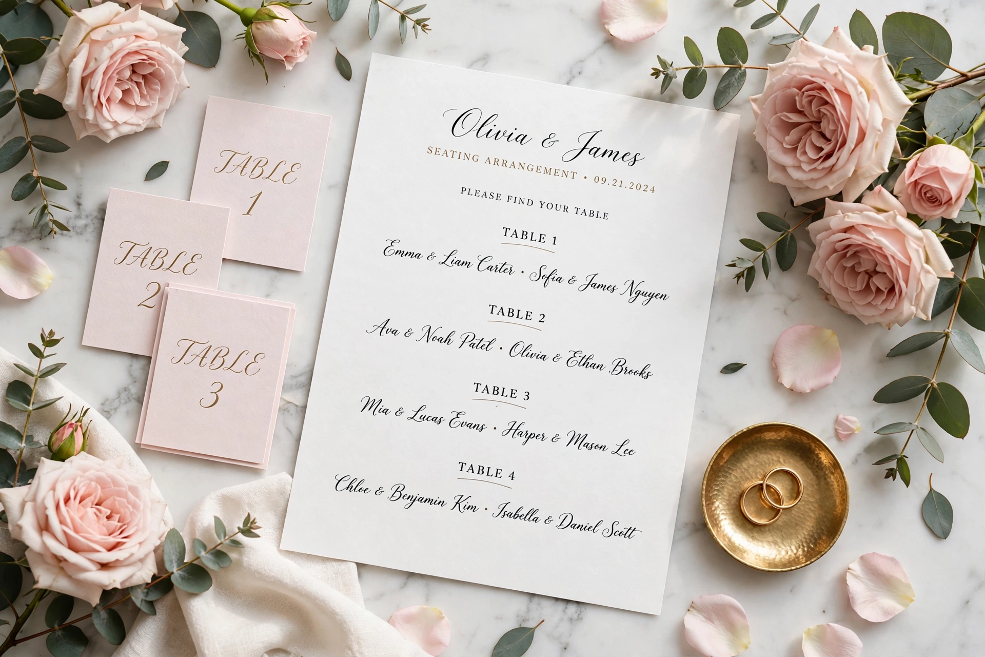 Editable wedding seating chart template with blush pink table number cards styled on marble with roses