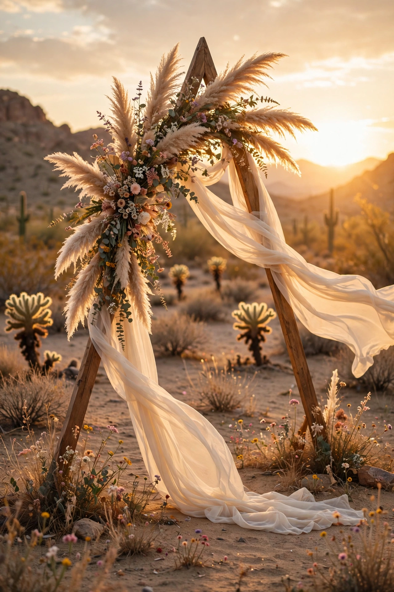 Elopement ceremony arch decorated with pampas grass and wildflowers in a desert landscape at golden hour