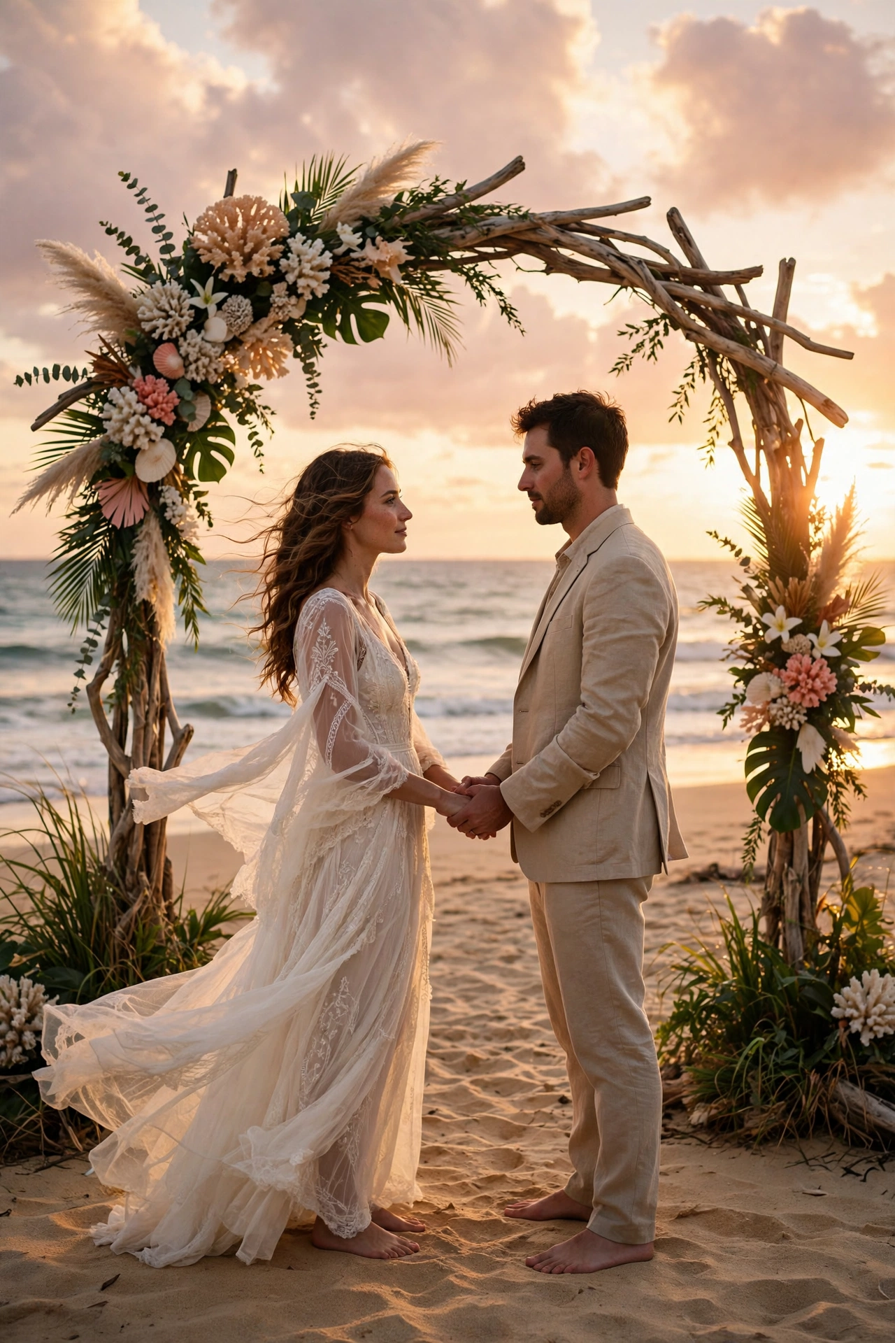 Barefoot couple exchanging vows under a driftwood floral arch on the beach at sunset during their elopement