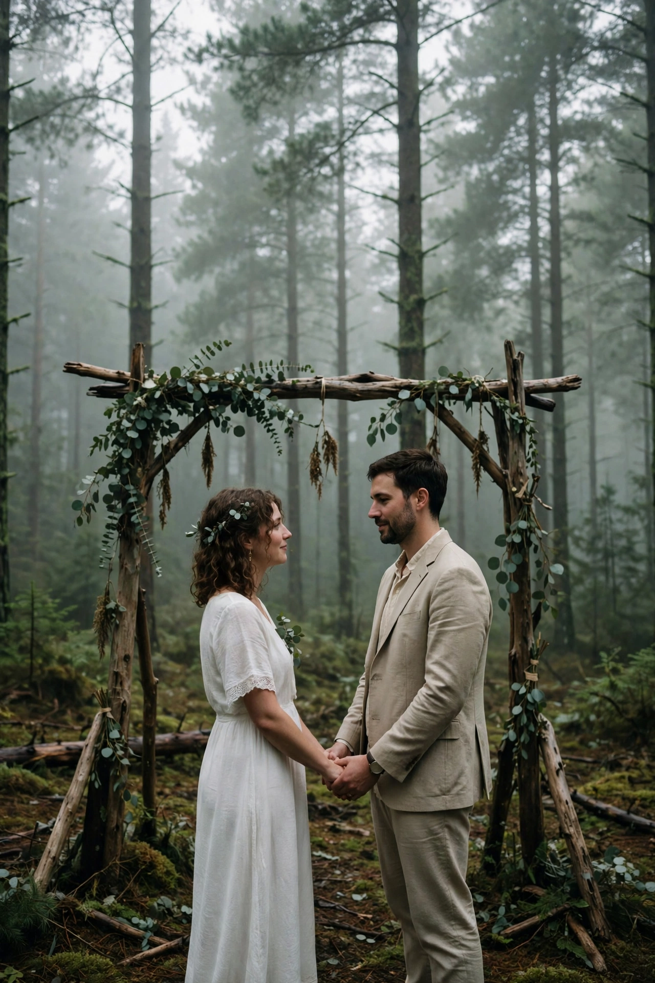 Intimate elopement ceremony in a misty pine forest before a simple driftwood arch with eucalyptus