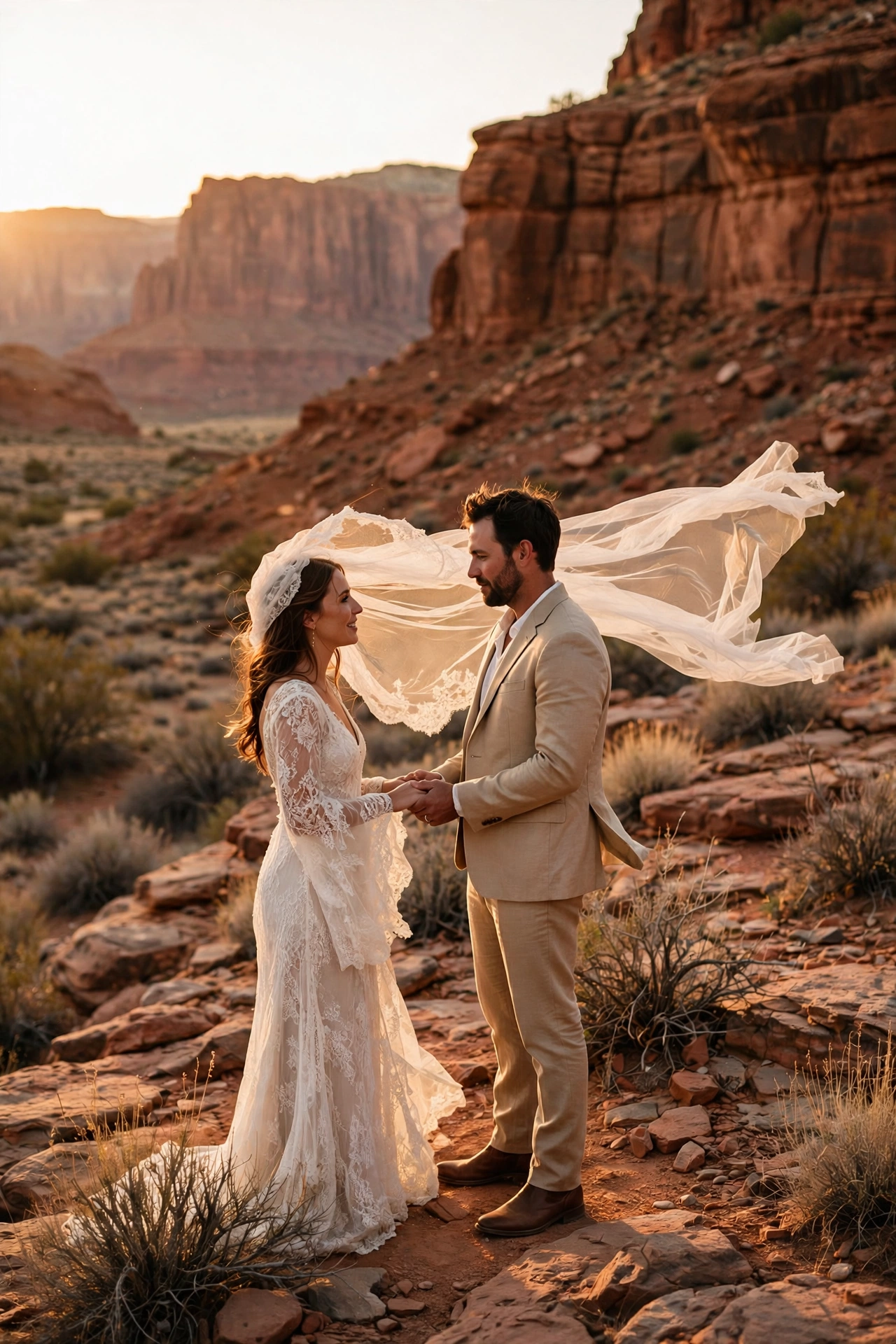 Couple exchanging vows in a desert canyon at golden hour with red rock formations and wind moving the veil